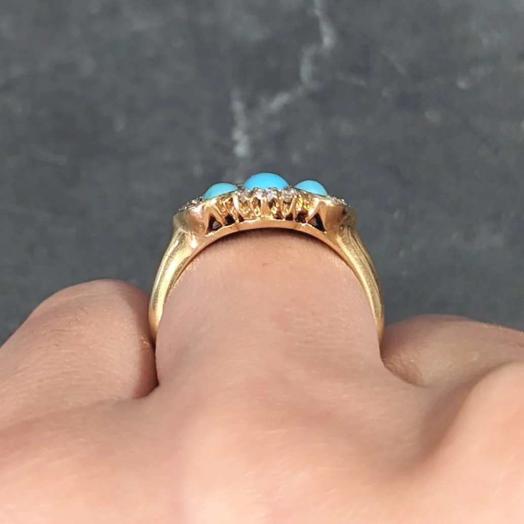 Art Nouveau Turquoise Cabochon Old Mine Cut Diamond 18 Karat Yellow Gold Antique Cluster Jones & Woodland Co. Ring - Image 12