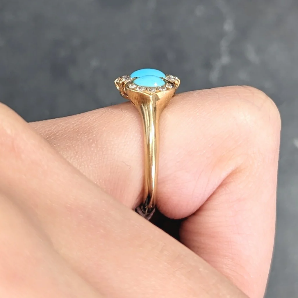 Art Nouveau Turquoise Cabochon Old Mine Cut Diamond 18 Karat Yellow Gold Antique Cluster Jones & Woodland Co. Ring - Image 13