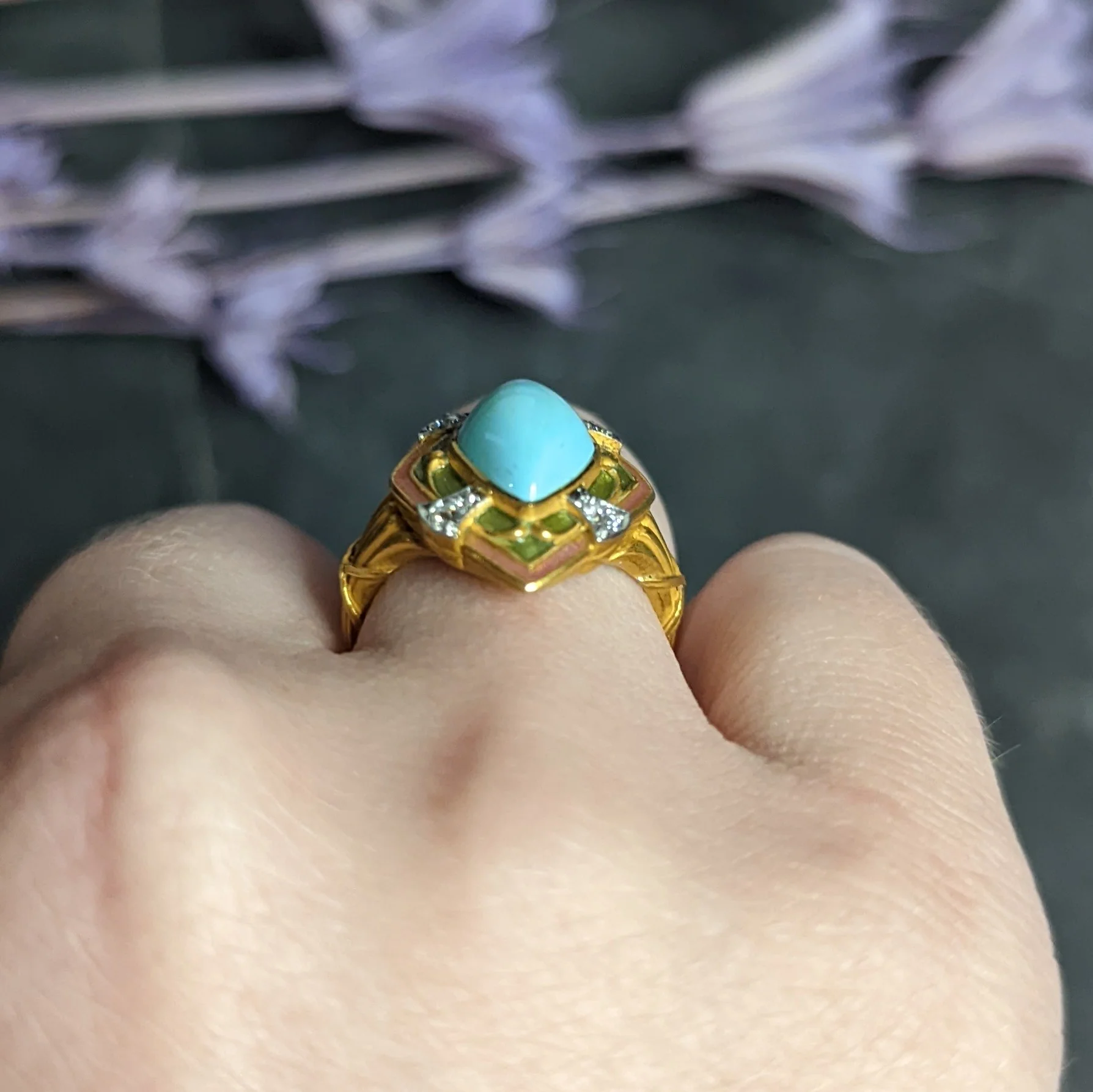 Art Nouveau Turquoise Diamond Enamel Platinum-Topped 14 Karat Gold Navette Ring - Image 16