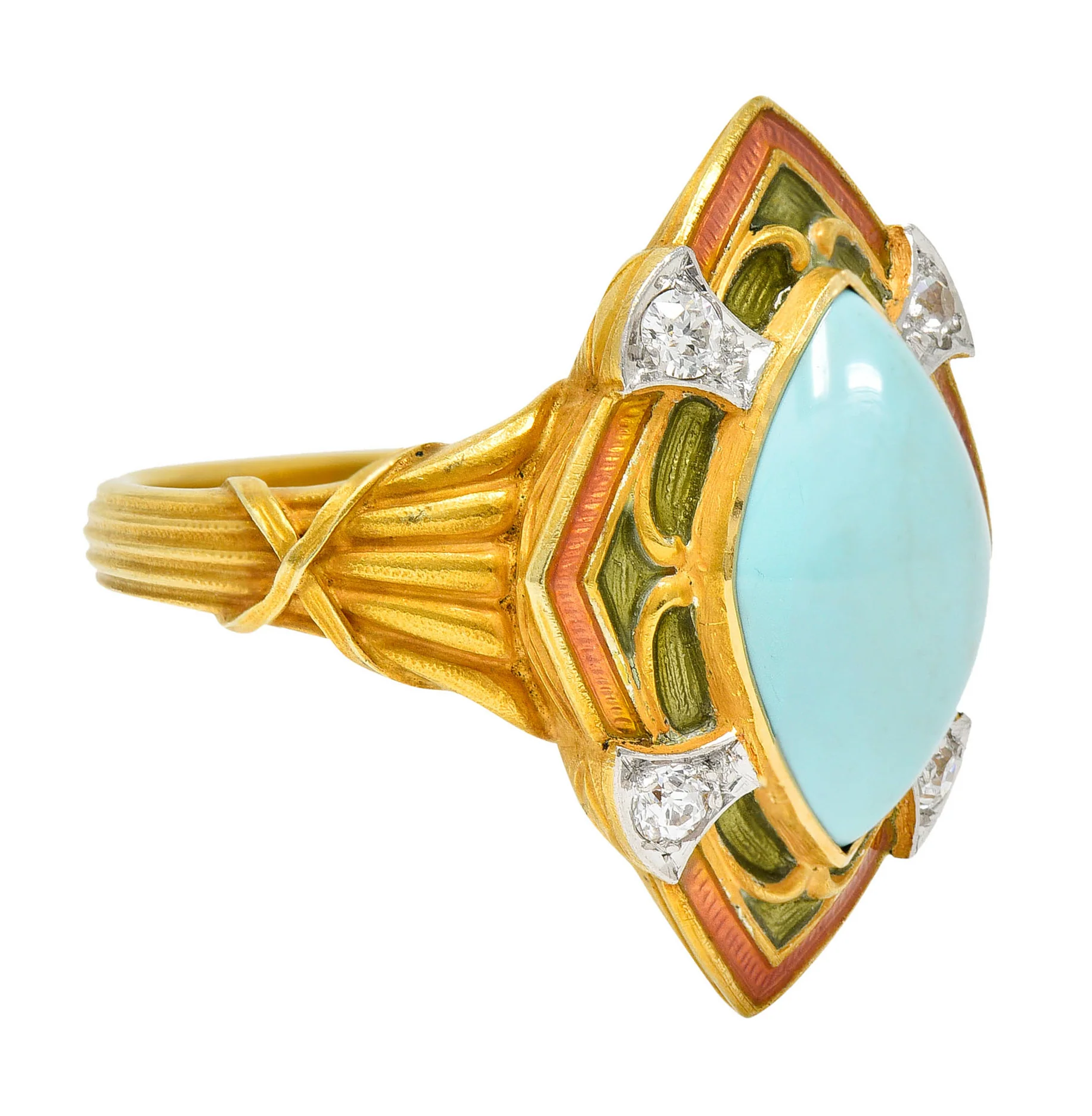 Art Nouveau Turquoise Diamond Enamel Platinum-Topped 14 Karat Gold Navette Ring - Image 3