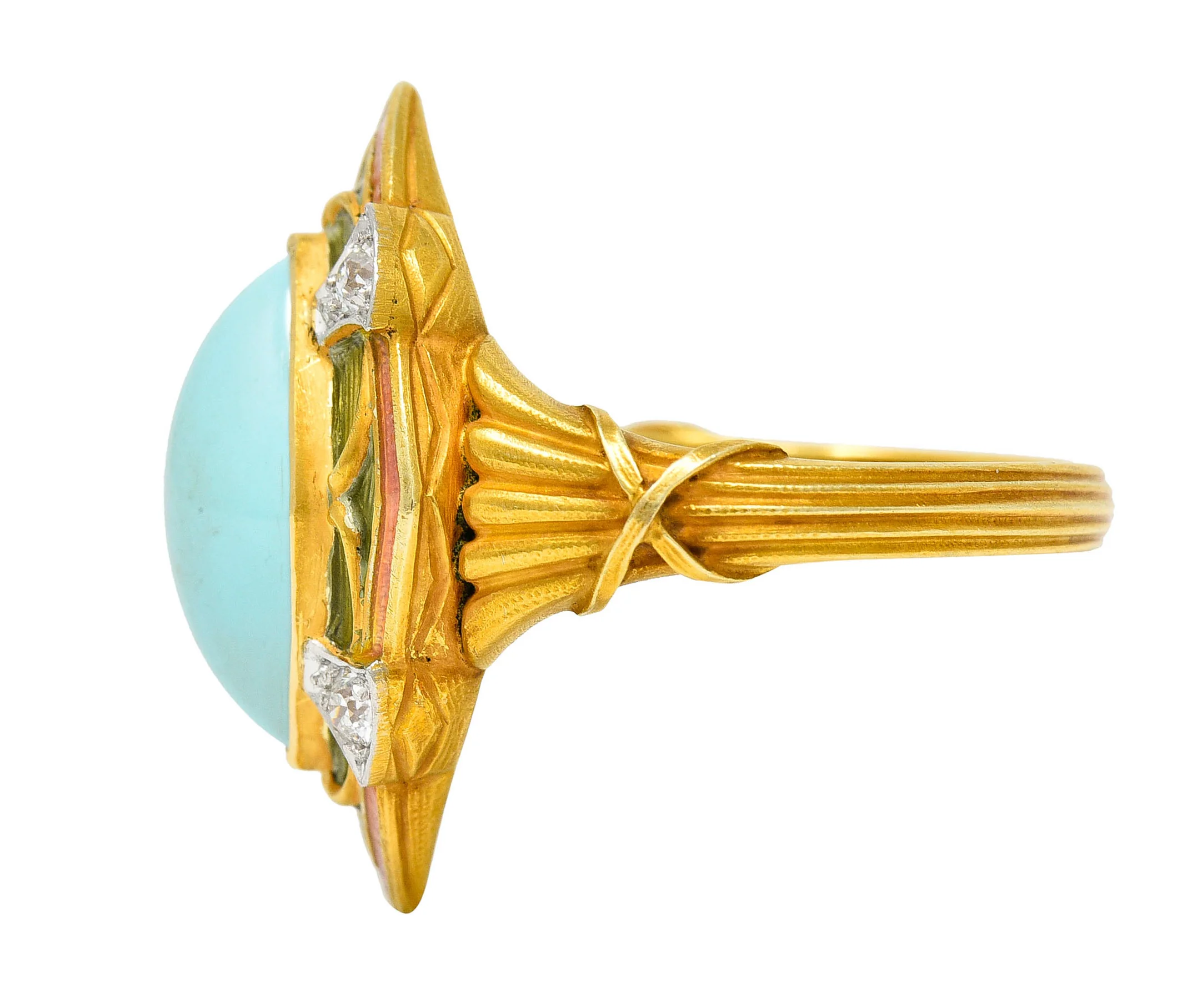 Art Nouveau Turquoise Diamond Enamel Platinum-Topped 14 Karat Gold Navette Ring - Image 6