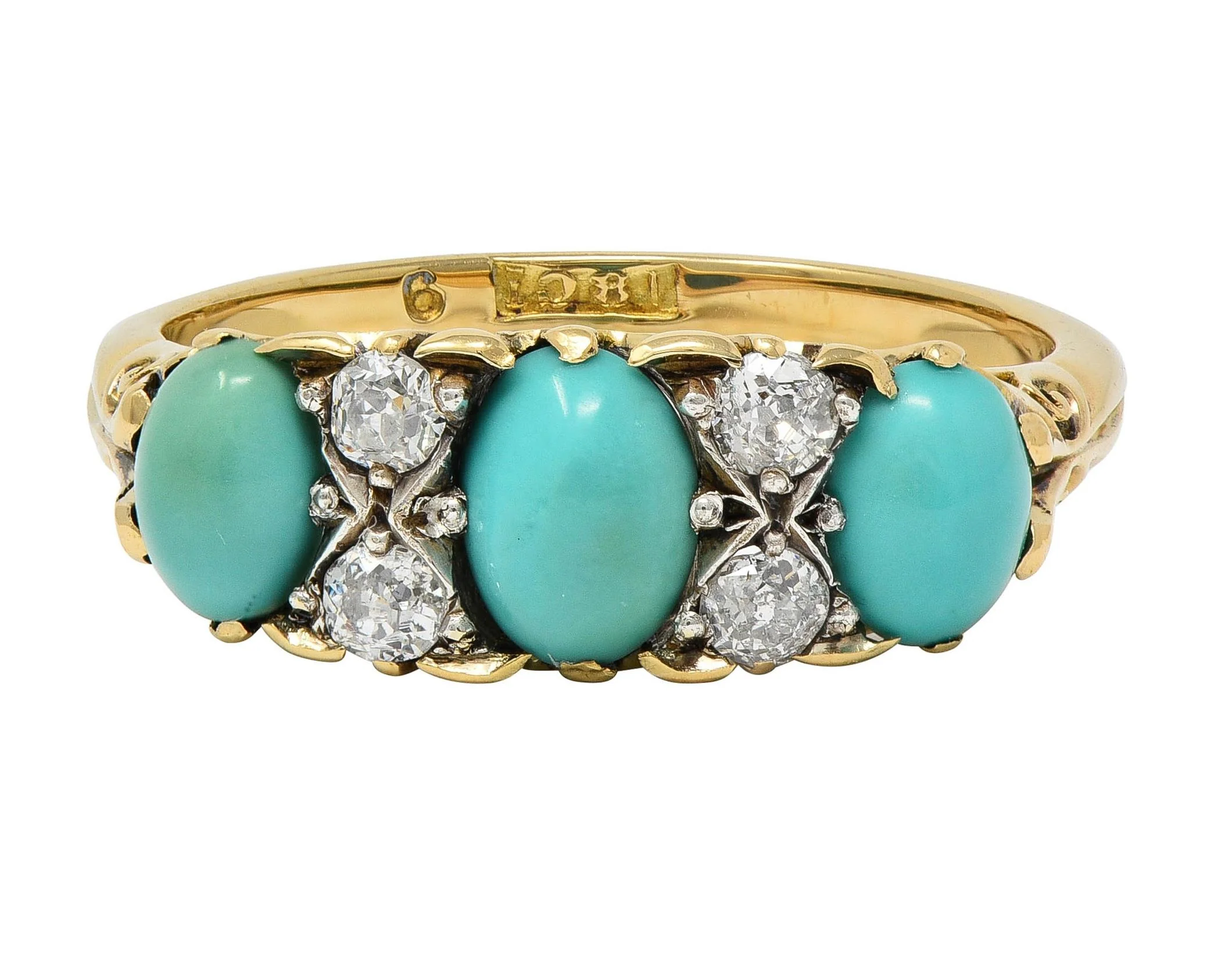 Art Nouveau Turquoise Diamond Platinum 18 Karat Yellow Gold Antique Scrolling Three Stone Band Ring