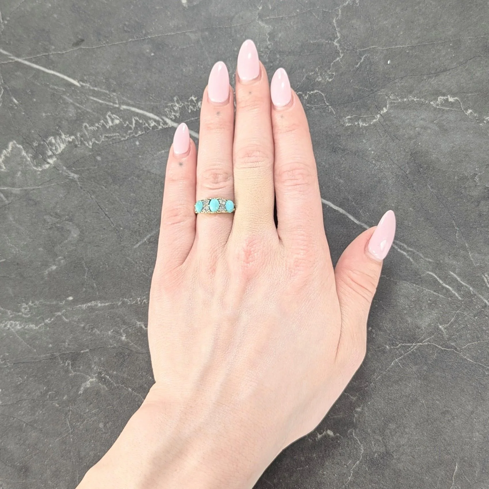 Art Nouveau Turquoise Diamond Platinum 18 Karat Yellow Gold Antique Scrolling Three Stone Band Ring - Image 8
