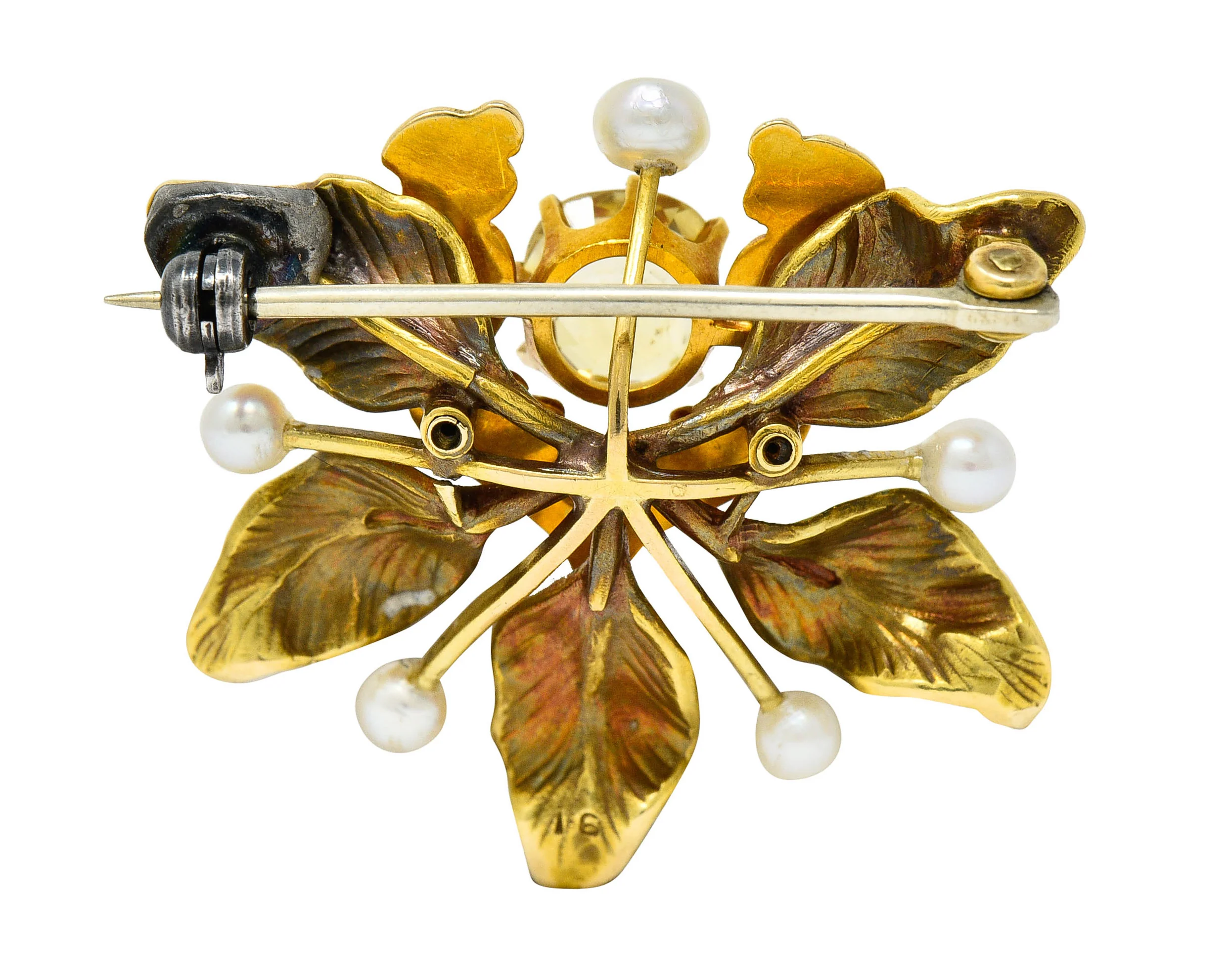Art Nouveau Yellow Sapphire Pearl Ruby 14 Karat Gold Fairy Pendant Brooch - Image 4
