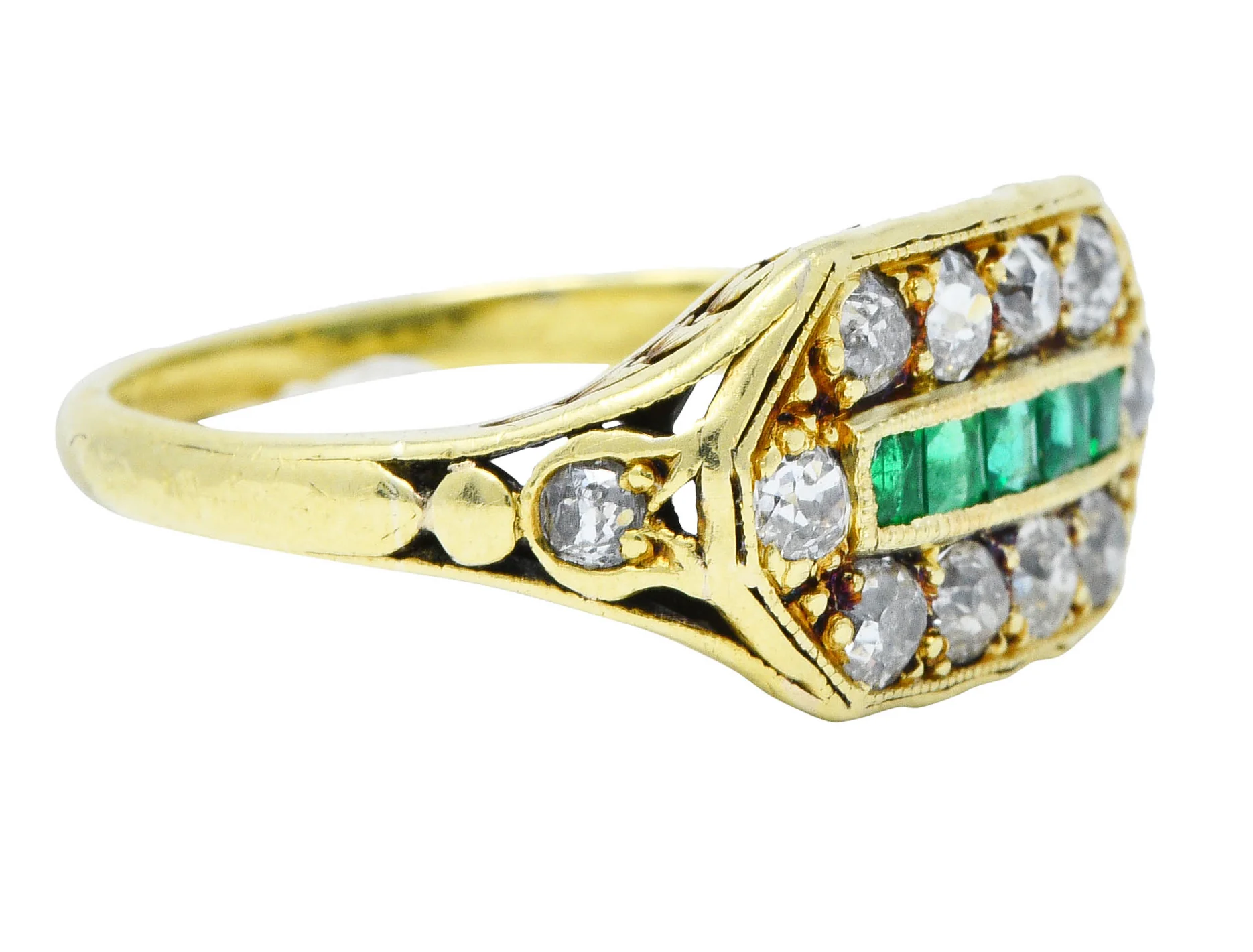 Arts and Crafts Emerald Diamond 18 Karat Green Gold Laurel Band Ring - Image 2
