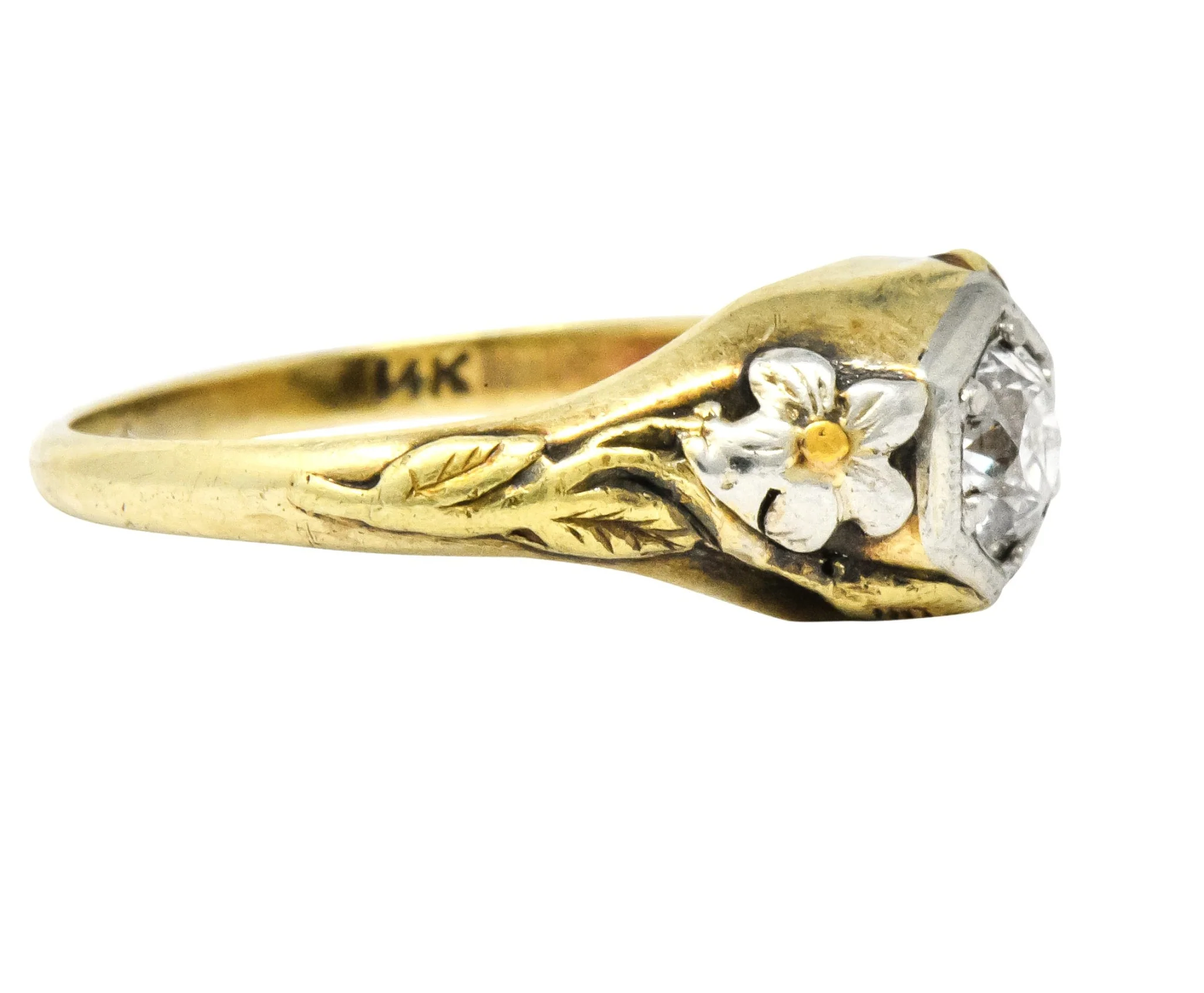 Arts & Crafts 0.42 CTW Diamond 14 Karat Tri-Colored Gold Floral Engagement Ring - Image 3