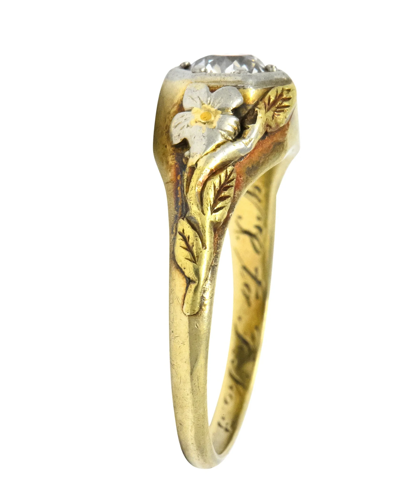 Arts & Crafts 0.42 CTW Diamond 14 Karat Tri-Colored Gold Floral Engagement Ring - Image 4