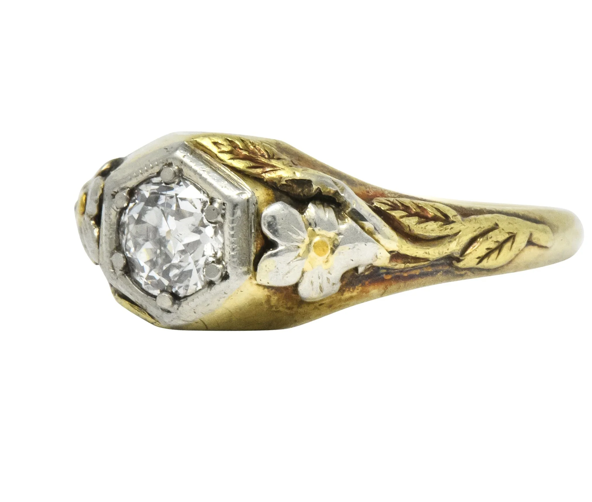 Arts & Crafts 0.42 CTW Diamond 14 Karat Tri-Colored Gold Floral Engagement Ring - Image 5
