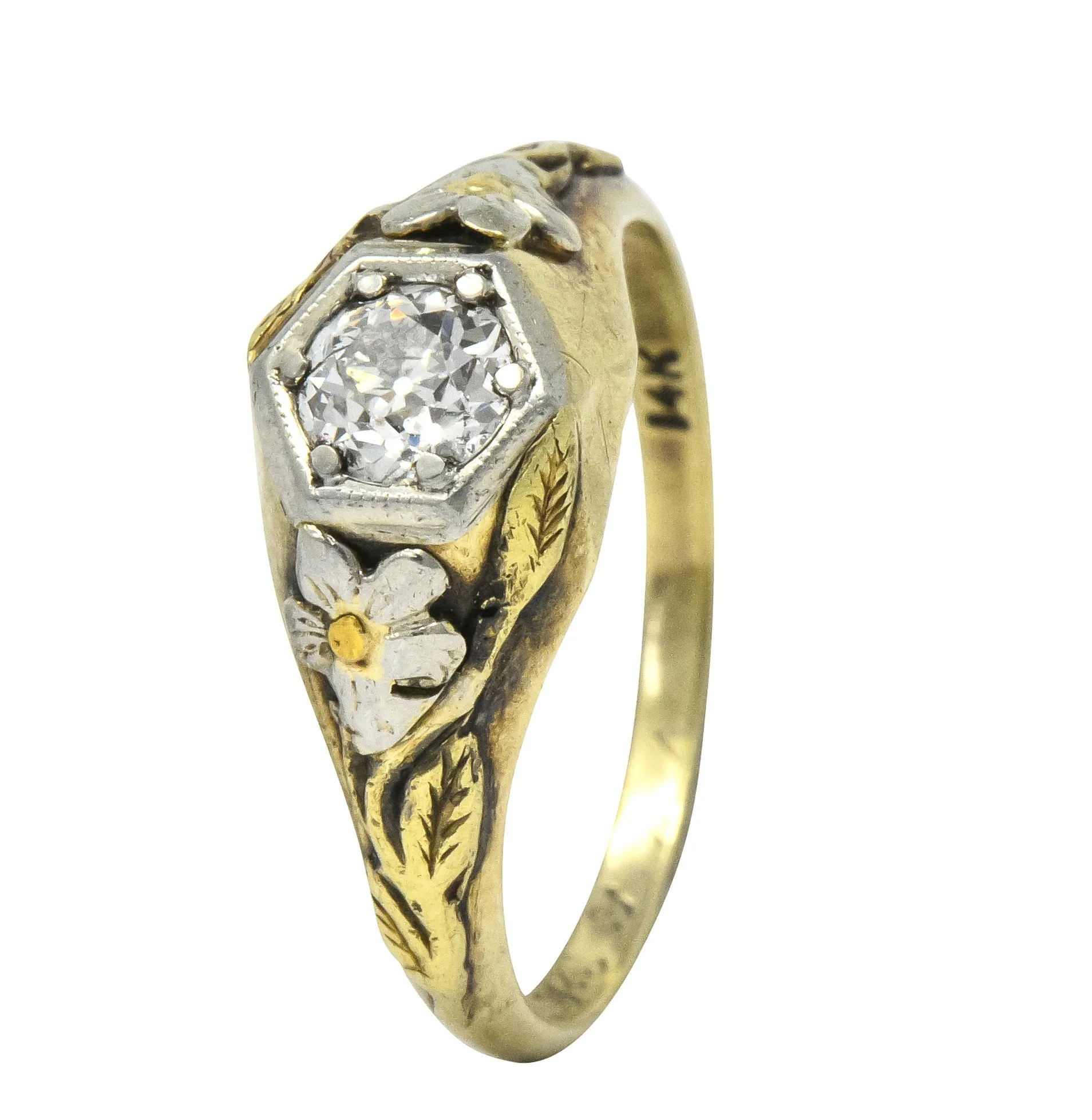 Arts & Crafts 0.42 CTW Diamond 14 Karat Tri-Colored Gold Floral Engagement Ring - Image 7
