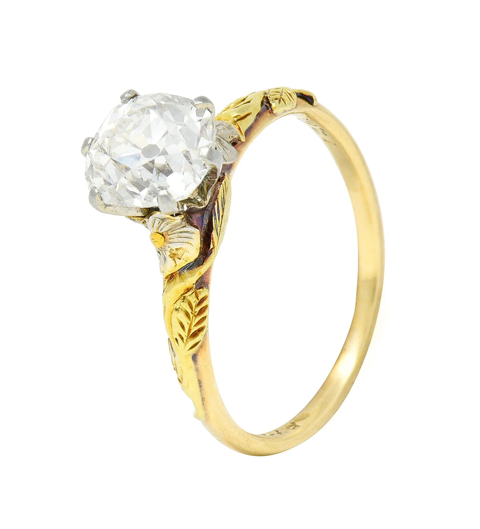 Arts & Crafts 1921 1.28 CTW Old Mine Cut Diamond 14 Karat Tri-Gold Floral Antique Engagement Ring - Image 10