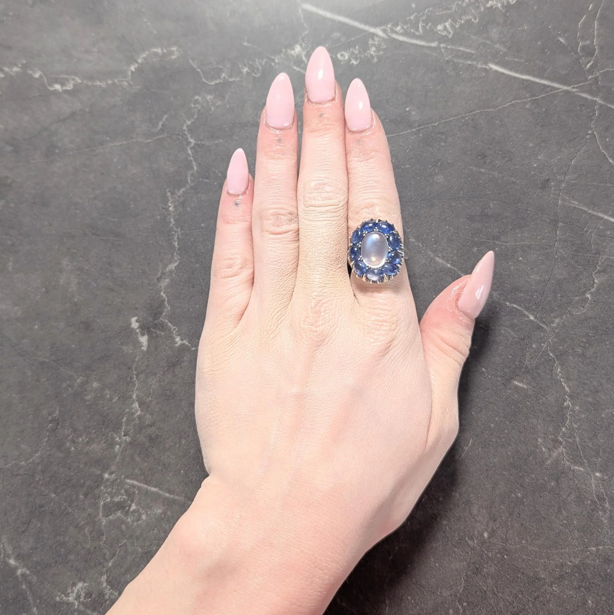 Arts & Crafts 5.85 CTW Sapphire Moonstone Sterling Silver Antique Halo Ring - Image 9