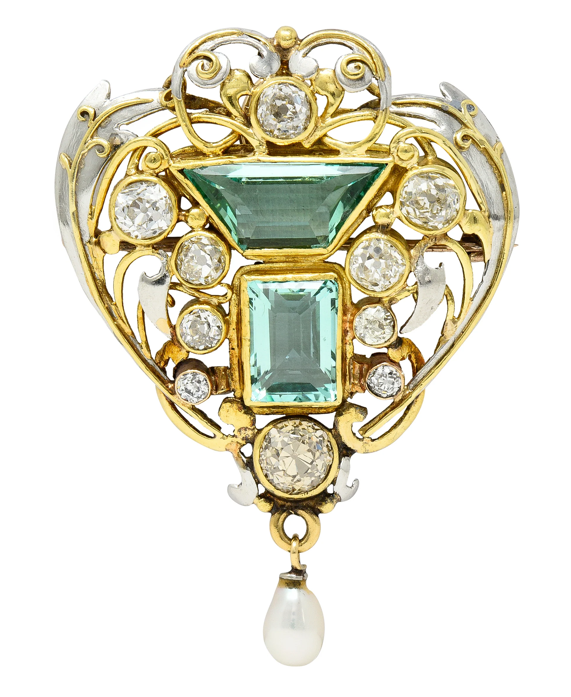 Arts & Crafts 8.80 CTW No Oil Emerald Diamond Pearl Platinum 18 Karat Yellow Gold Scrolling Foliate Antique Pendant Brooch GIA - Image 2