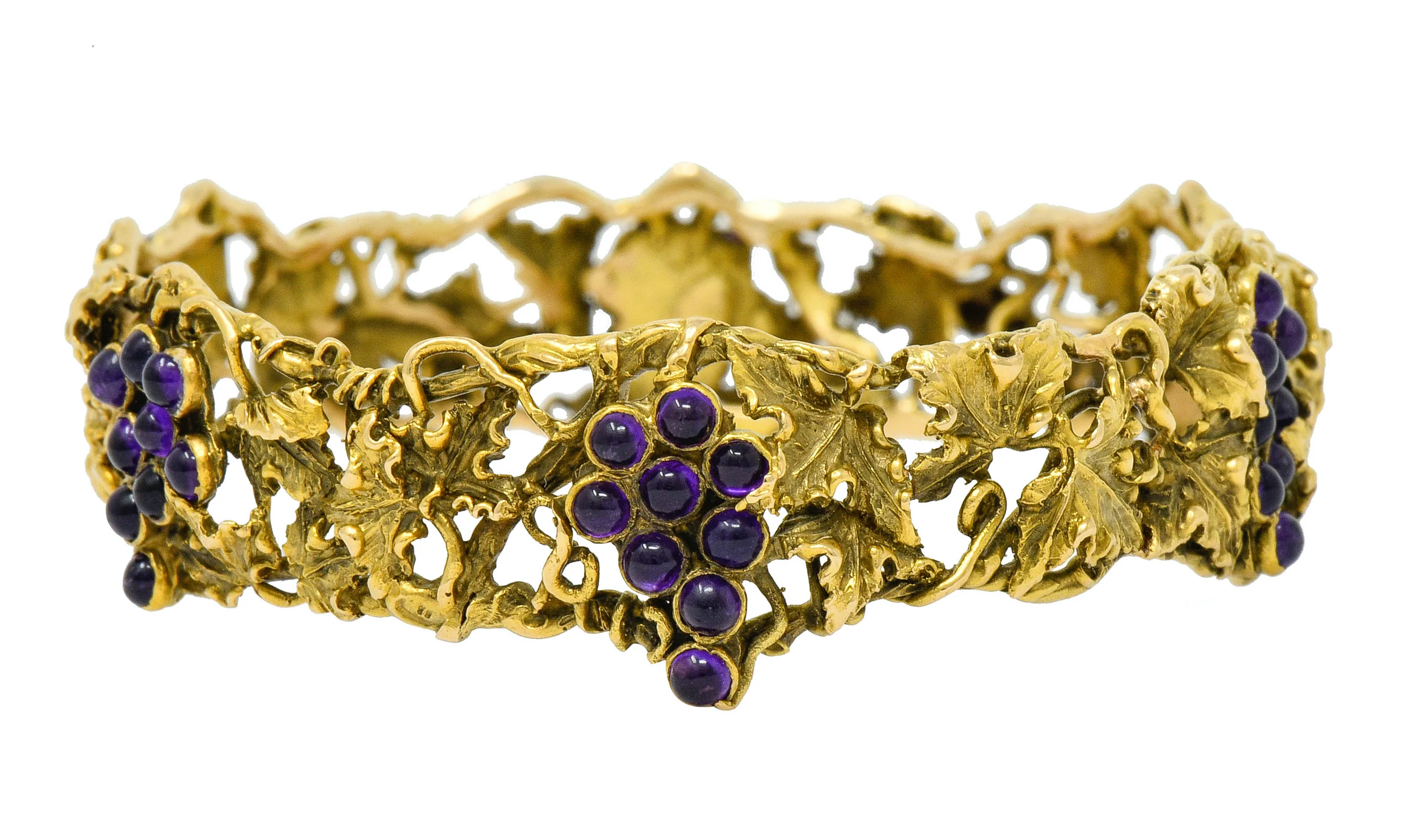 Arts & Crafts Amethyst 14 Karat Gold Grape Cluster Vine Bangle Bracelet - Image 3