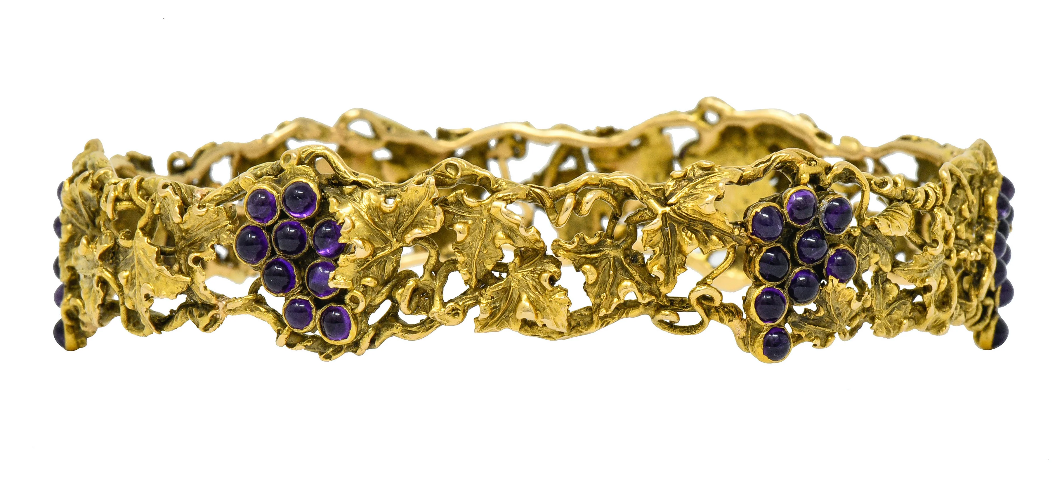 Arts & Crafts Amethyst 14 Karat Gold Grape Cluster Vine Bangle Bracelet - Image 4