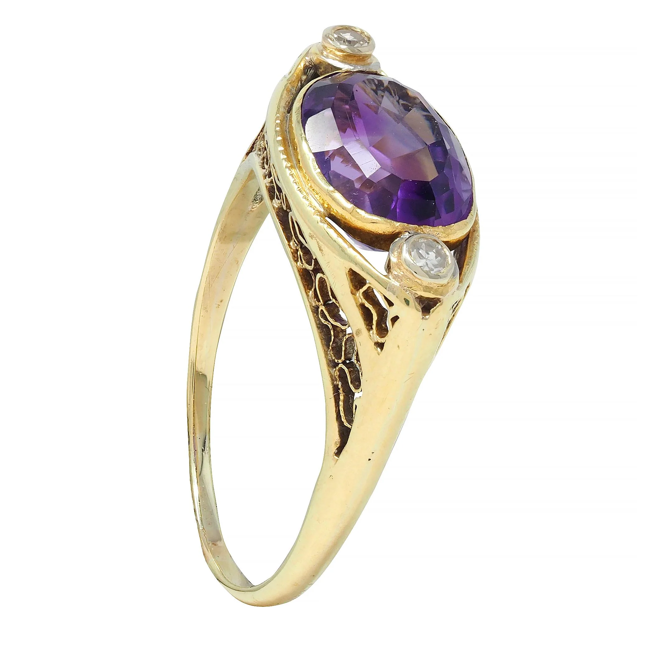 Arts & Crafts Amethyst Diamond 14 Karat Yellow Gold Antique Heart Ring - Image 10