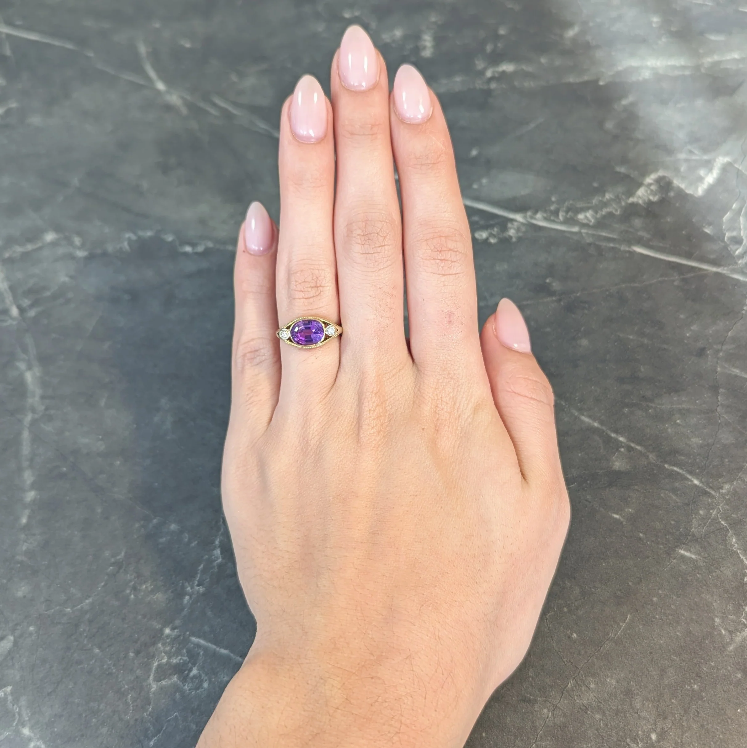 Arts & Crafts Amethyst Diamond 14 Karat Yellow Gold Antique Heart Ring - Image 11