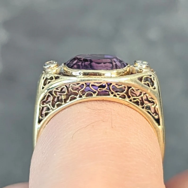 Arts & Crafts Amethyst Diamond 14 Karat Yellow Gold Antique Heart Ring - Image 12