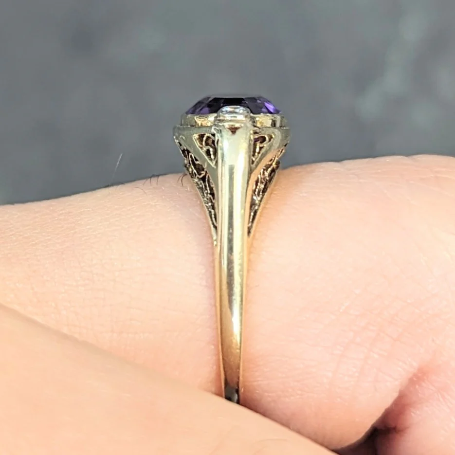 Arts & Crafts Amethyst Diamond 14 Karat Yellow Gold Antique Heart Ring - Image 13