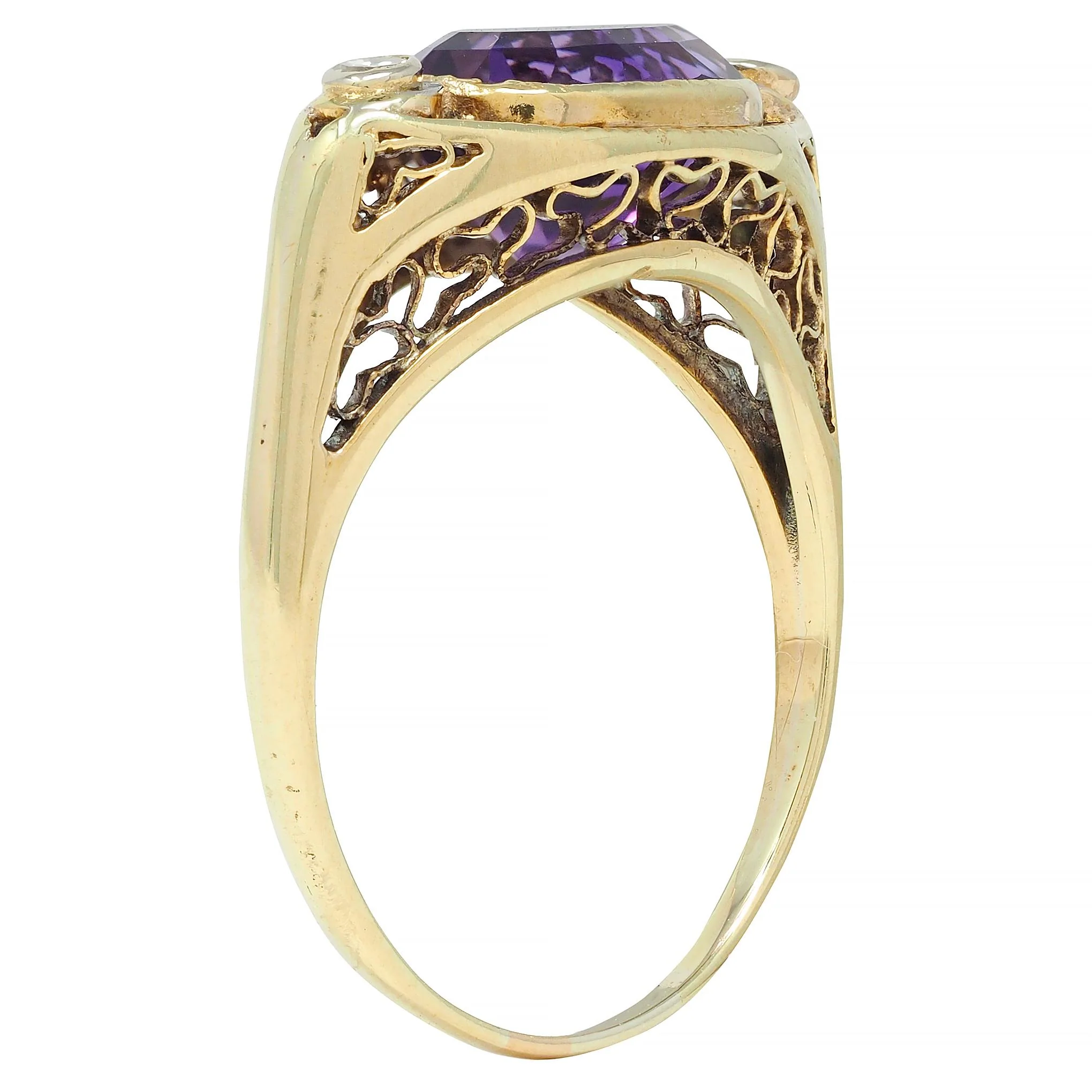 Arts & Crafts Amethyst Diamond 14 Karat Yellow Gold Antique Heart Ring - Image 2