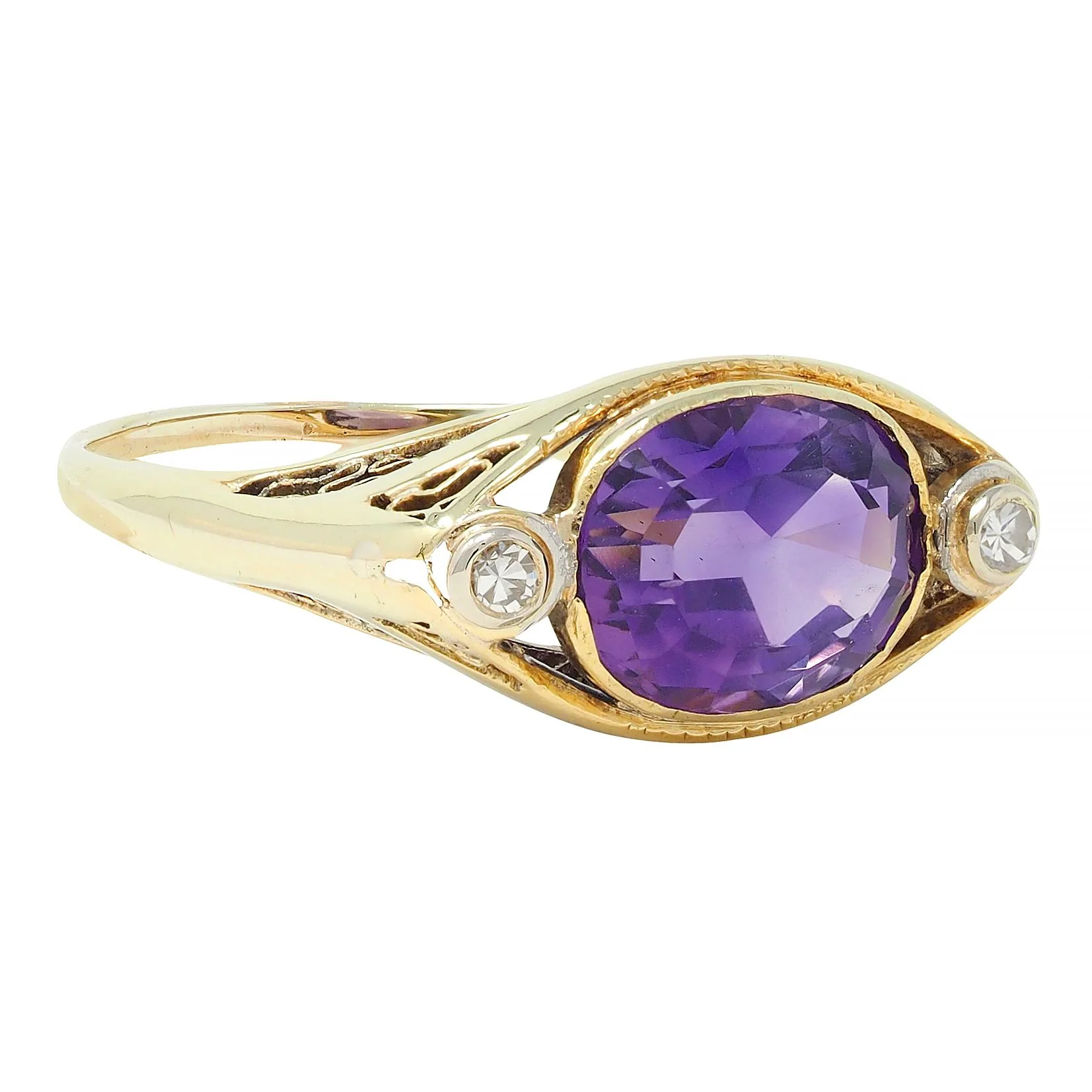 Arts & Crafts Amethyst Diamond 14 Karat Yellow Gold Antique Heart Ring - Image 3