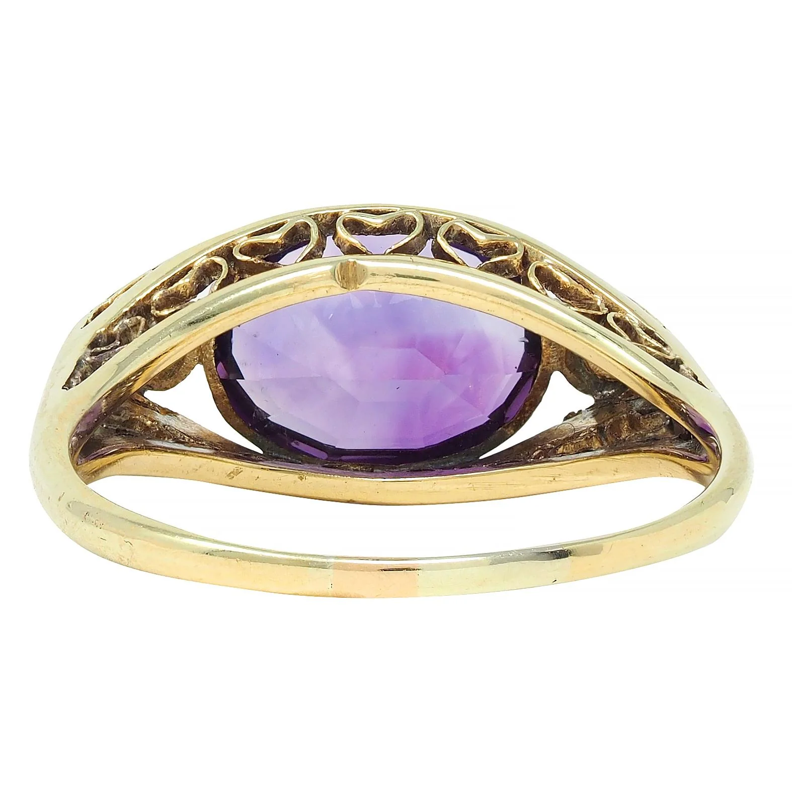 Arts & Crafts Amethyst Diamond 14 Karat Yellow Gold Antique Heart Ring - Image 5