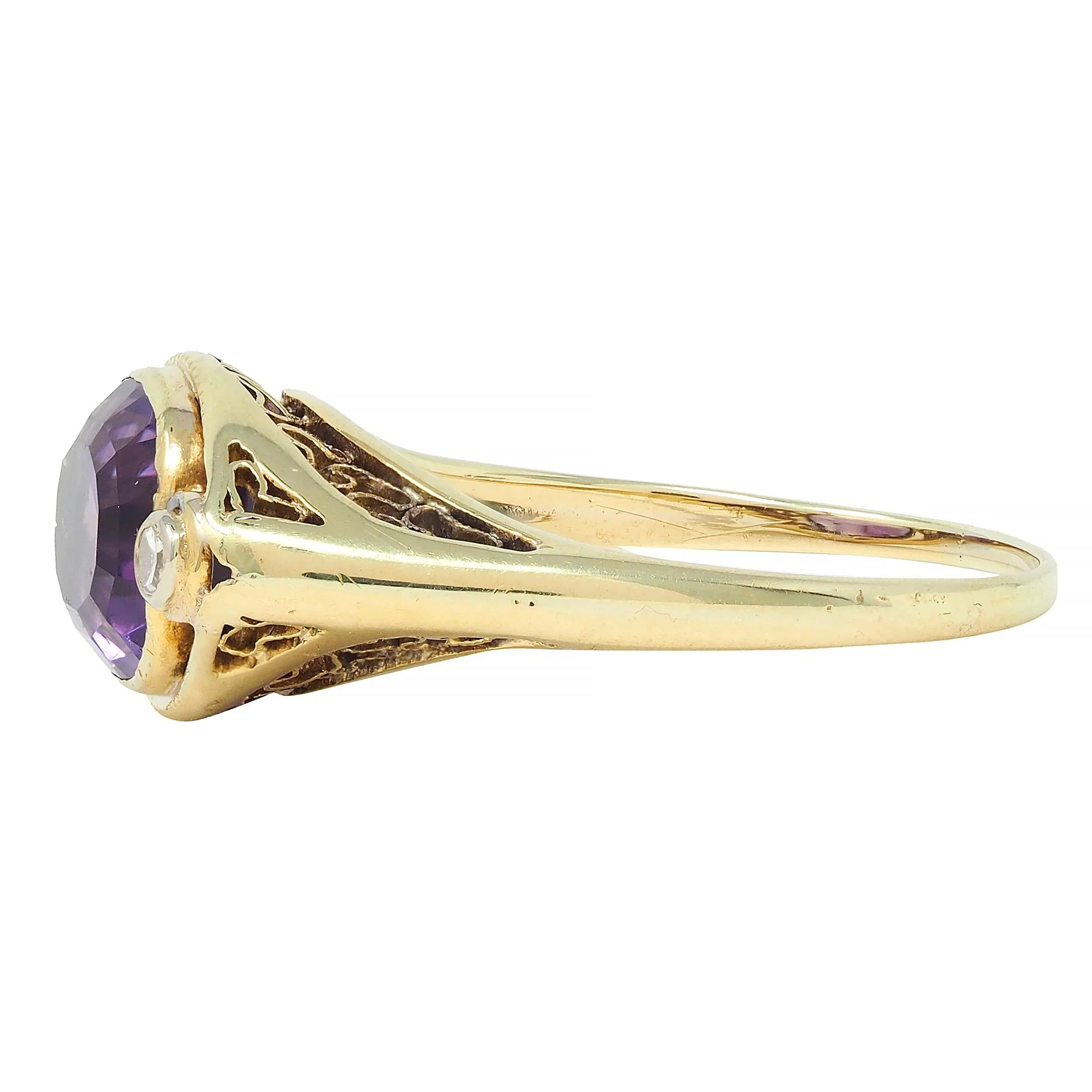 Arts & Crafts Amethyst Diamond 14 Karat Yellow Gold Antique Heart Ring - Image 6