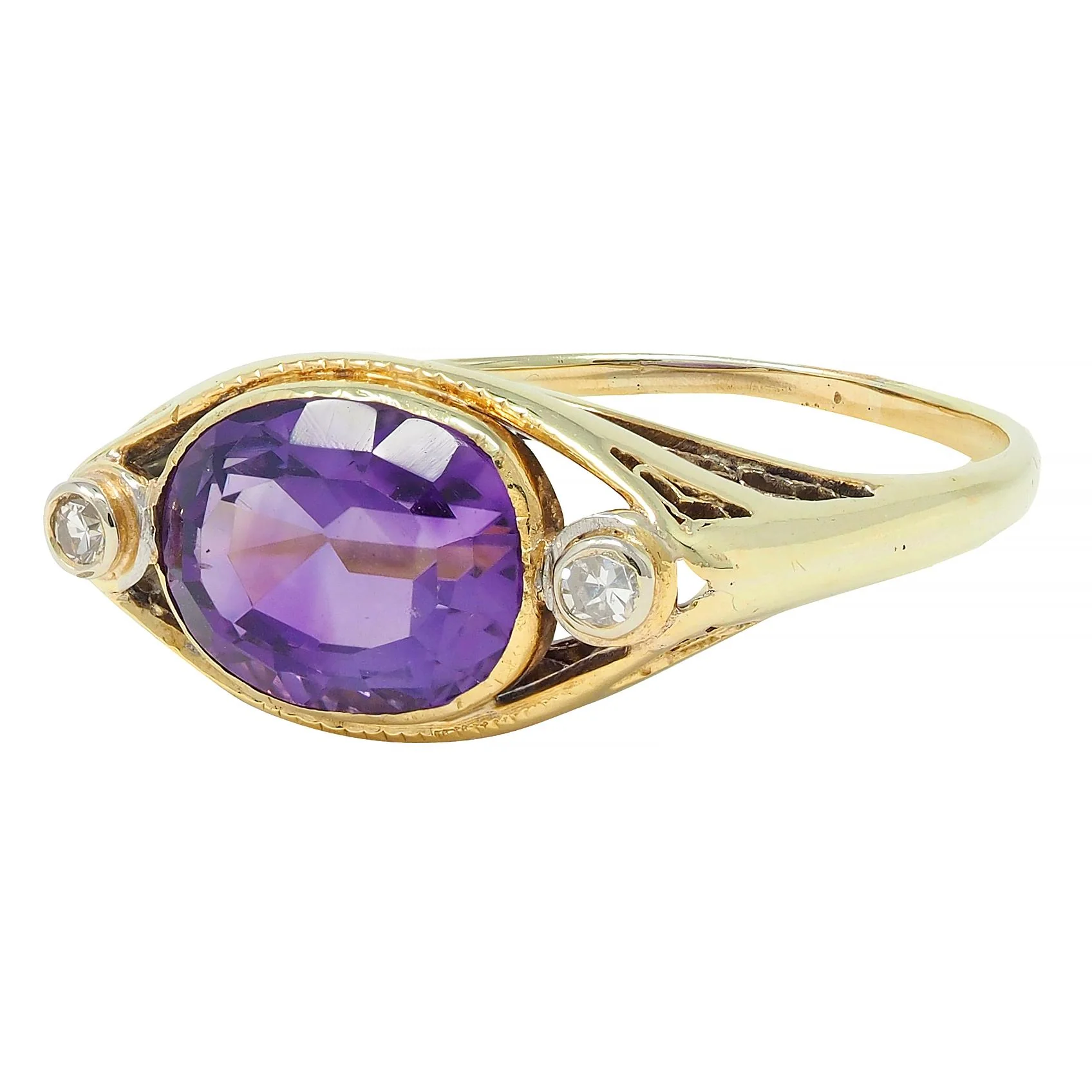 Arts & Crafts Amethyst Diamond 14 Karat Yellow Gold Antique Heart Ring - Image 7