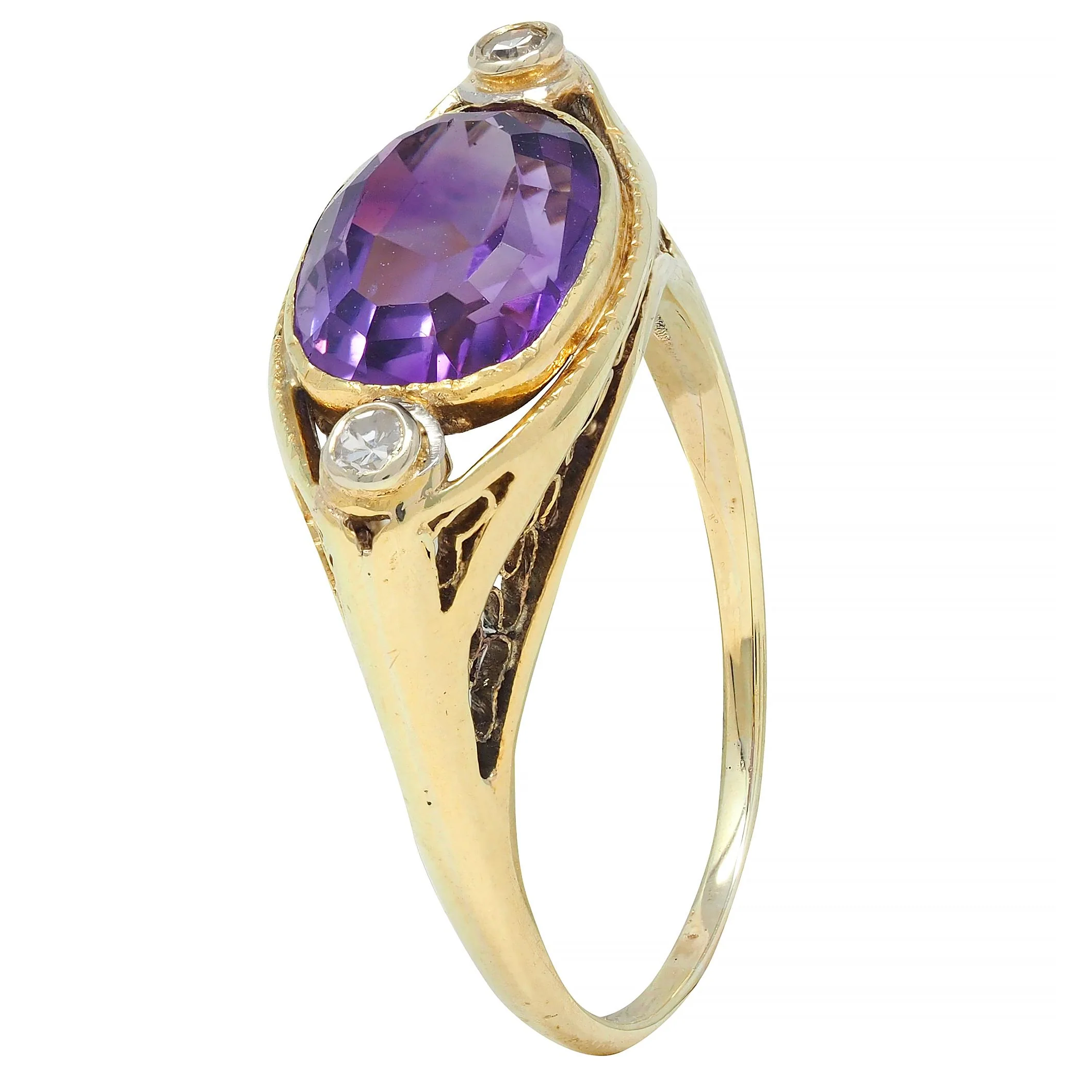 Arts & Crafts Amethyst Diamond 14 Karat Yellow Gold Antique Heart Ring - Image 8