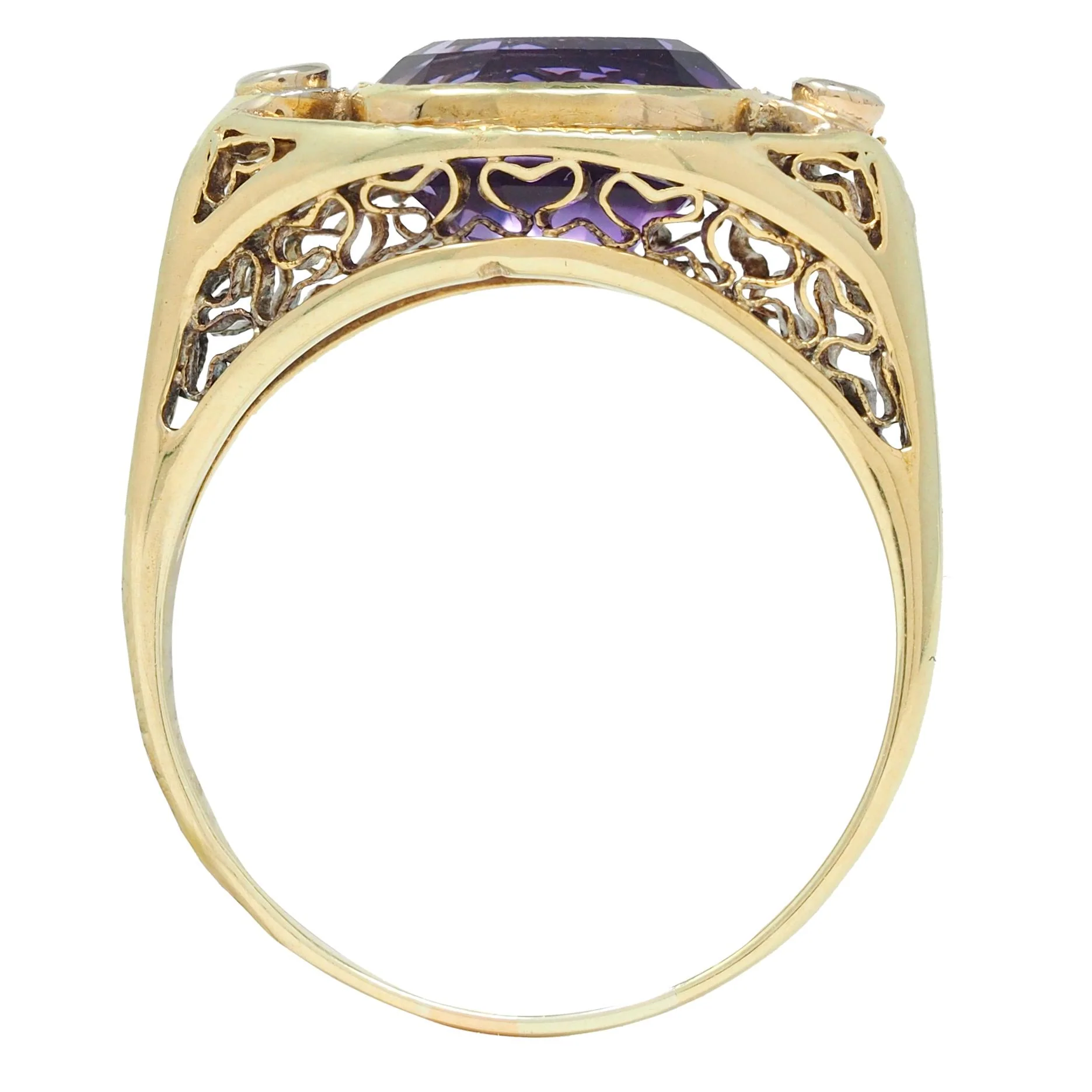 Arts & Crafts Amethyst Diamond 14 Karat Yellow Gold Antique Heart Ring - Image 9