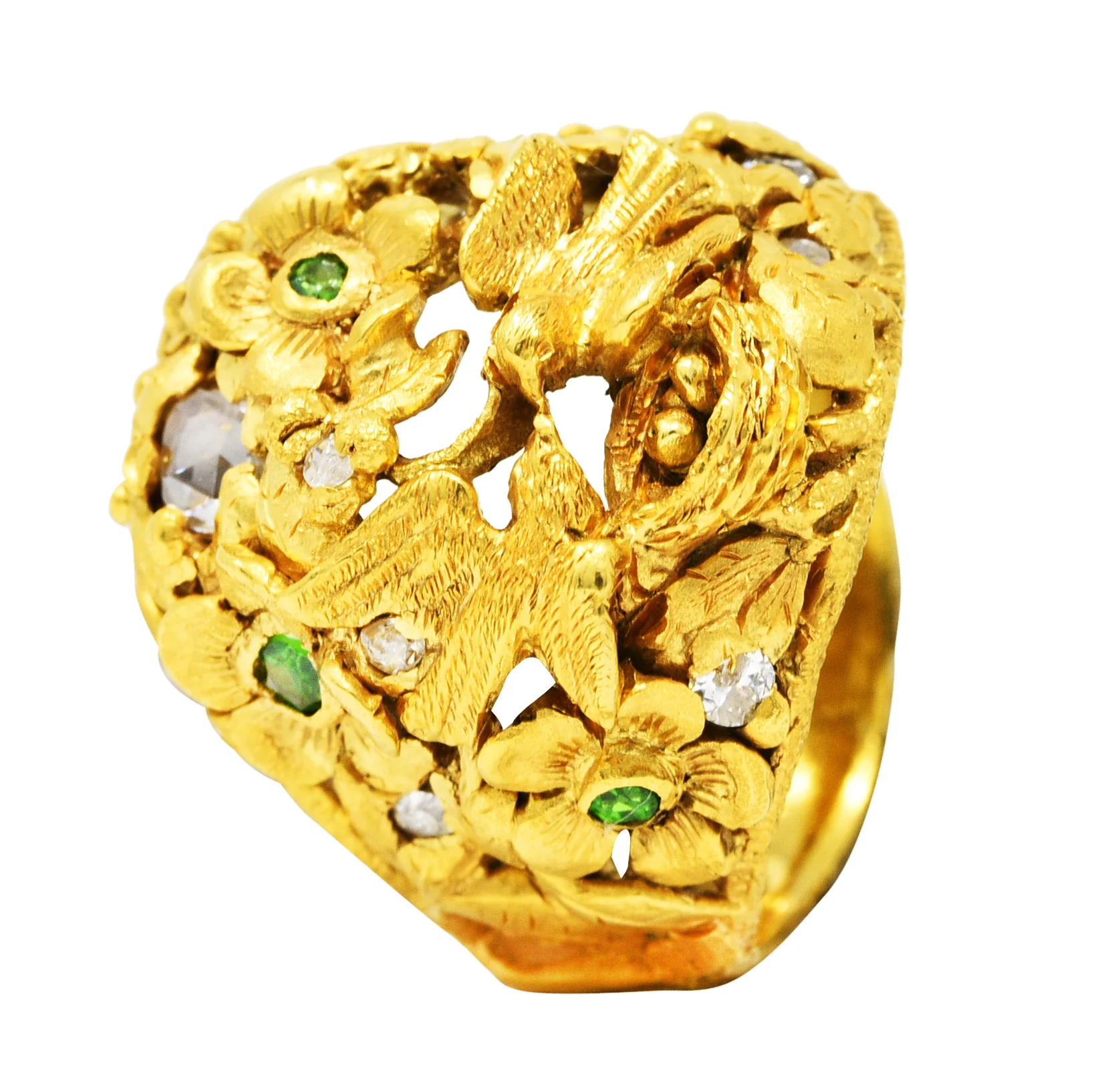 Arts & Crafts Antique Diamond Demantoid Garnet 14 Karat Gold Lovebird Ring - Image 8