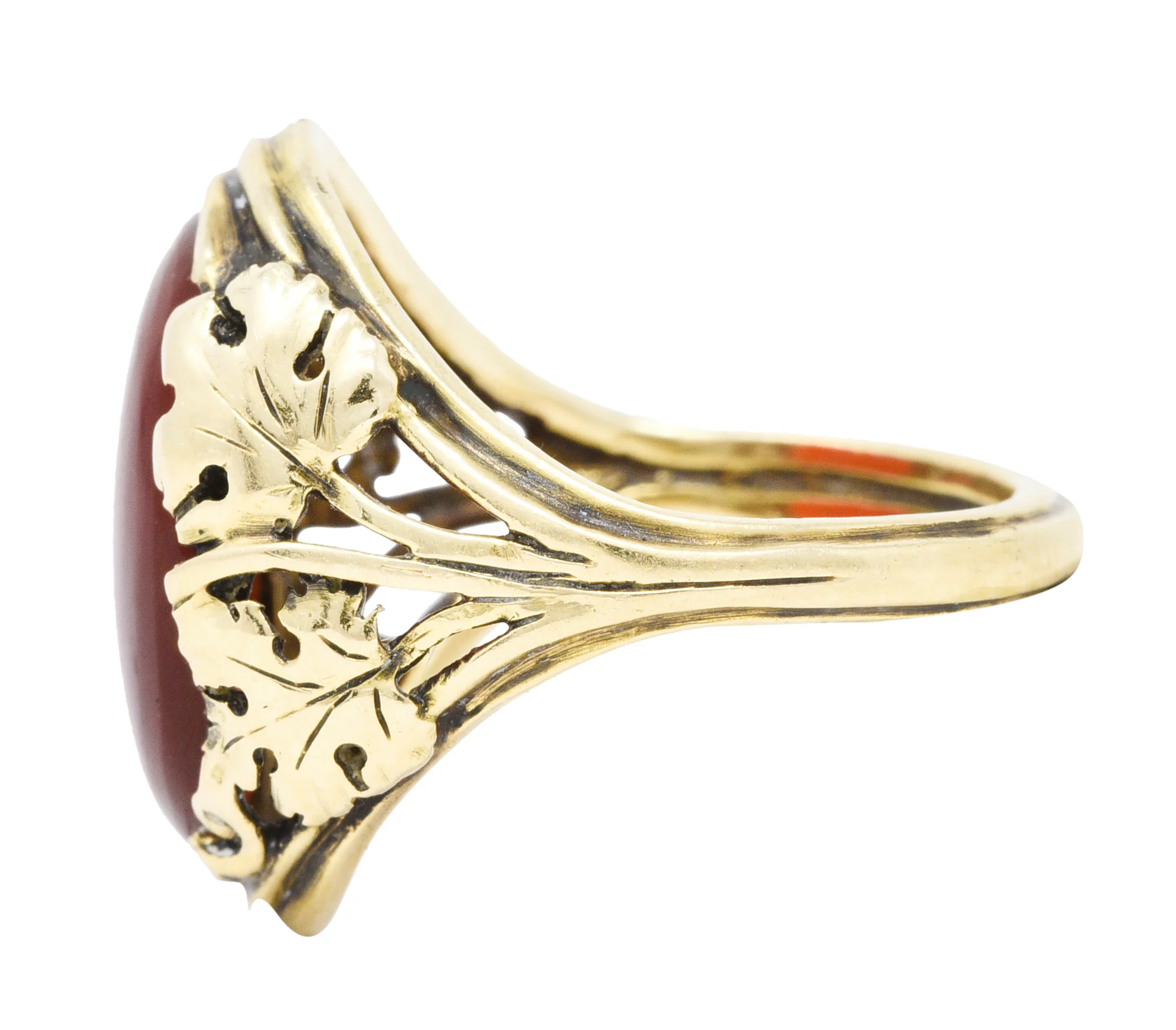 Arts & Crafts Carnelian Cabochon 18 Karat Gold Foliate Ring - Image 3