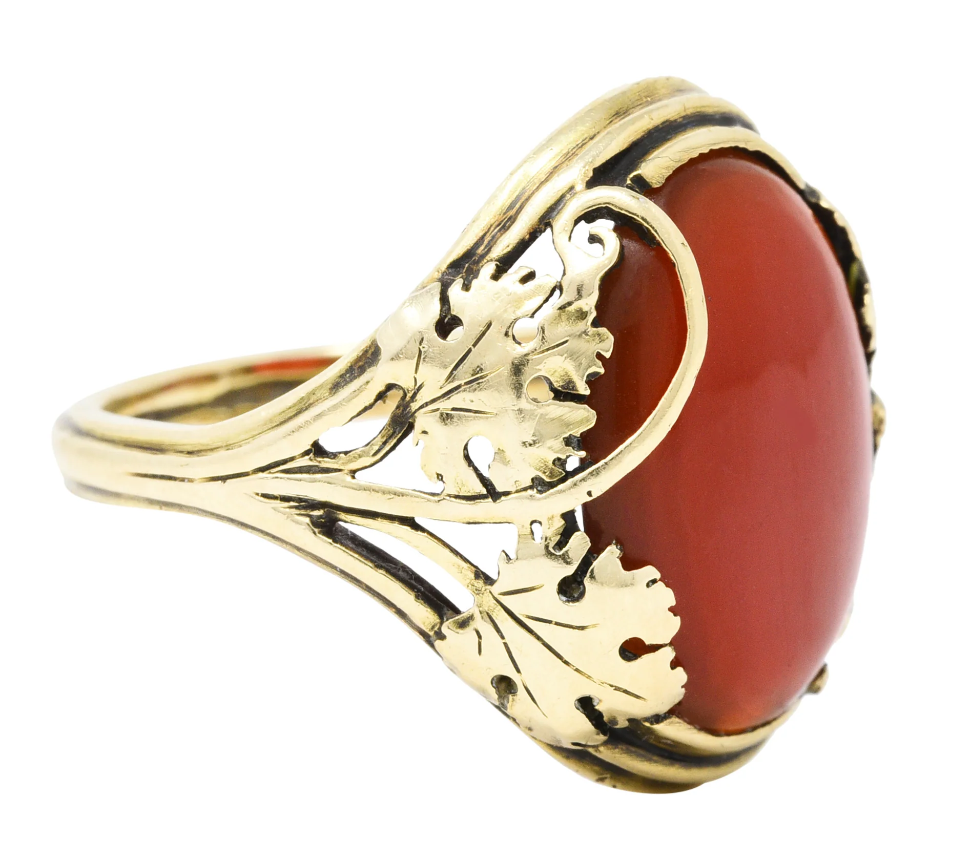 Arts & Crafts Carnelian Cabochon 18 Karat Gold Foliate Ring - Image 4