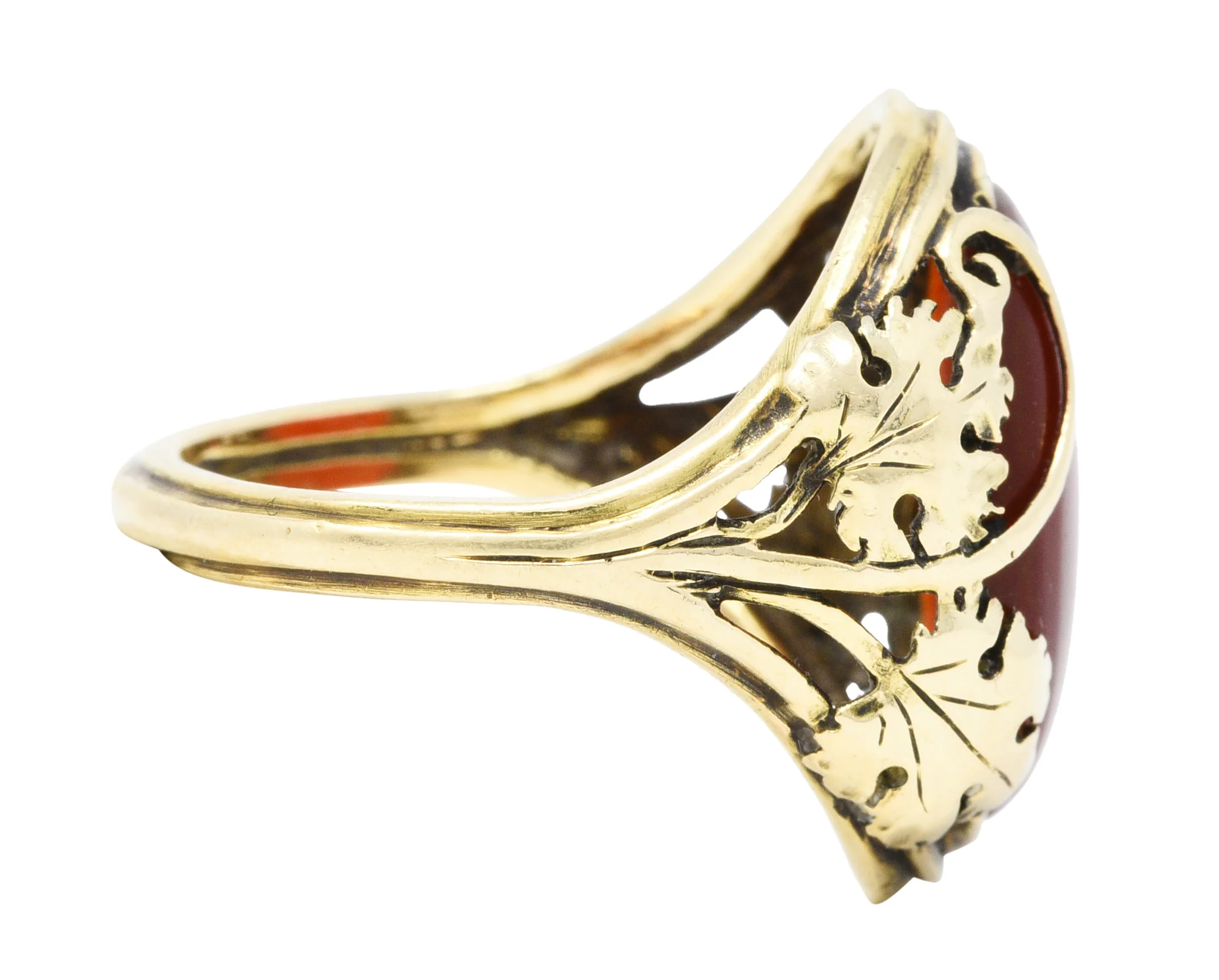 Arts & Crafts Carnelian Cabochon 18 Karat Gold Foliate Ring - Image 5