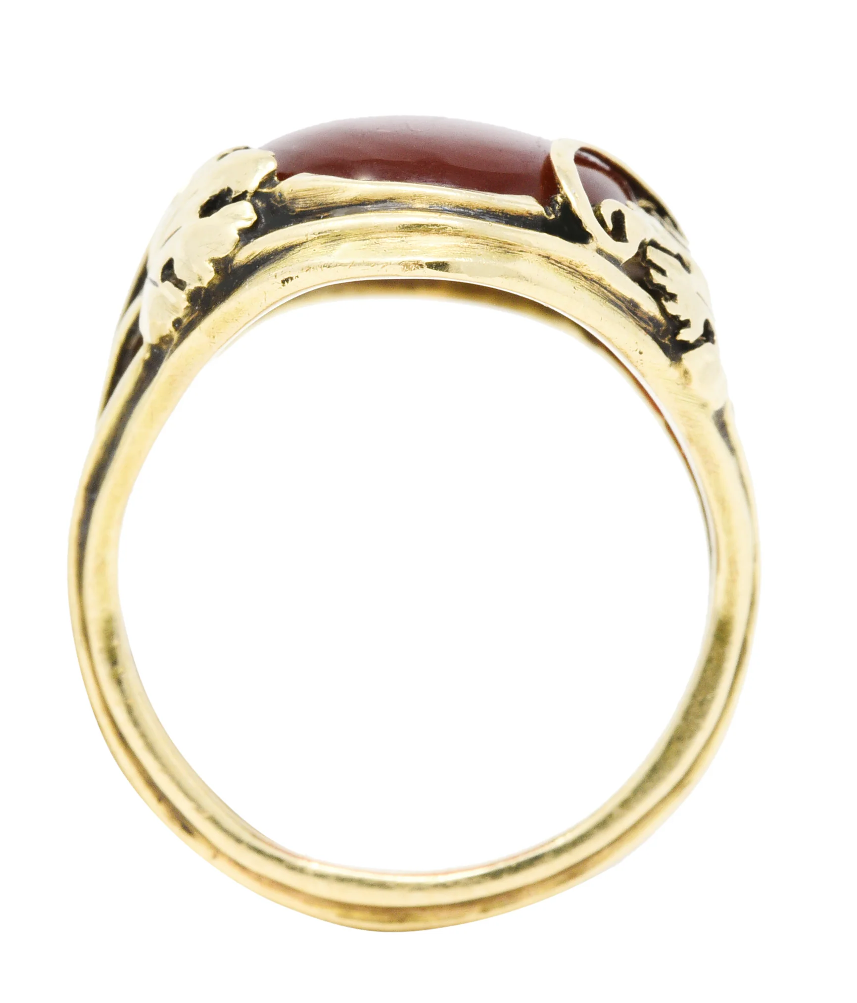 Arts & Crafts Carnelian Cabochon 18 Karat Gold Foliate Ring - Image 7