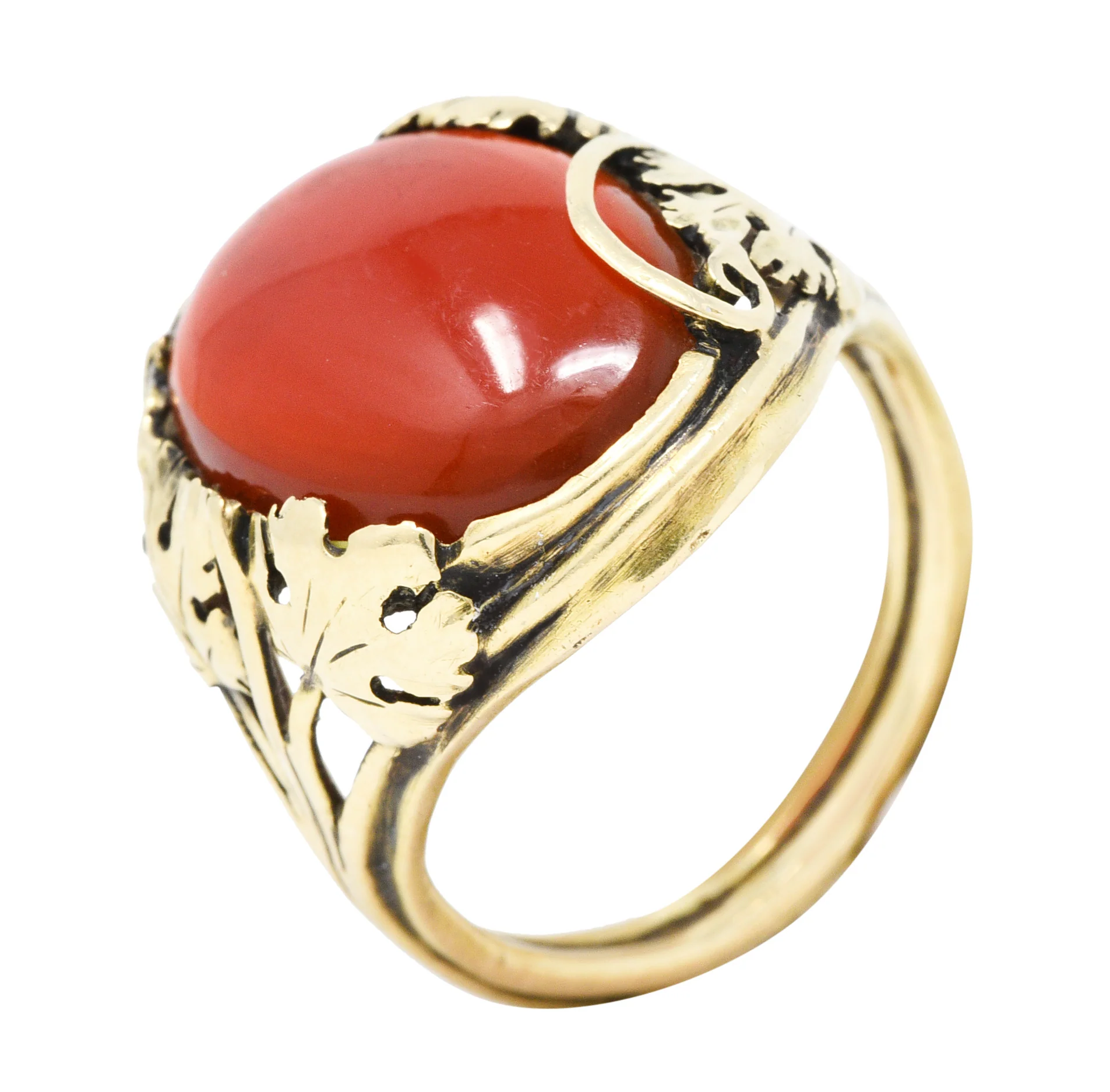 Arts & Crafts Carnelian Cabochon 18 Karat Gold Foliate Ring - Image 8