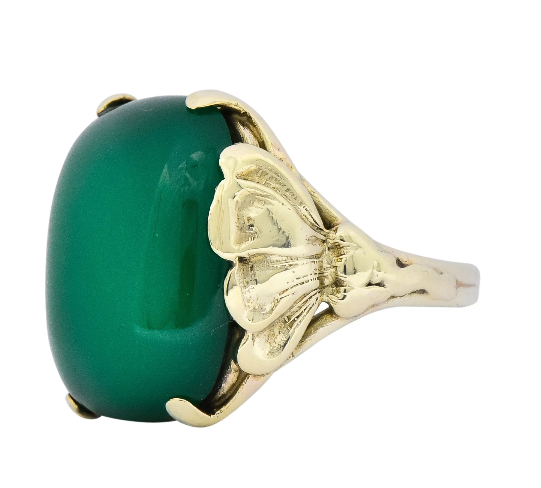 Arts & Crafts Chrysoprase 14 Karat Gold Lotus Ring - Image 5