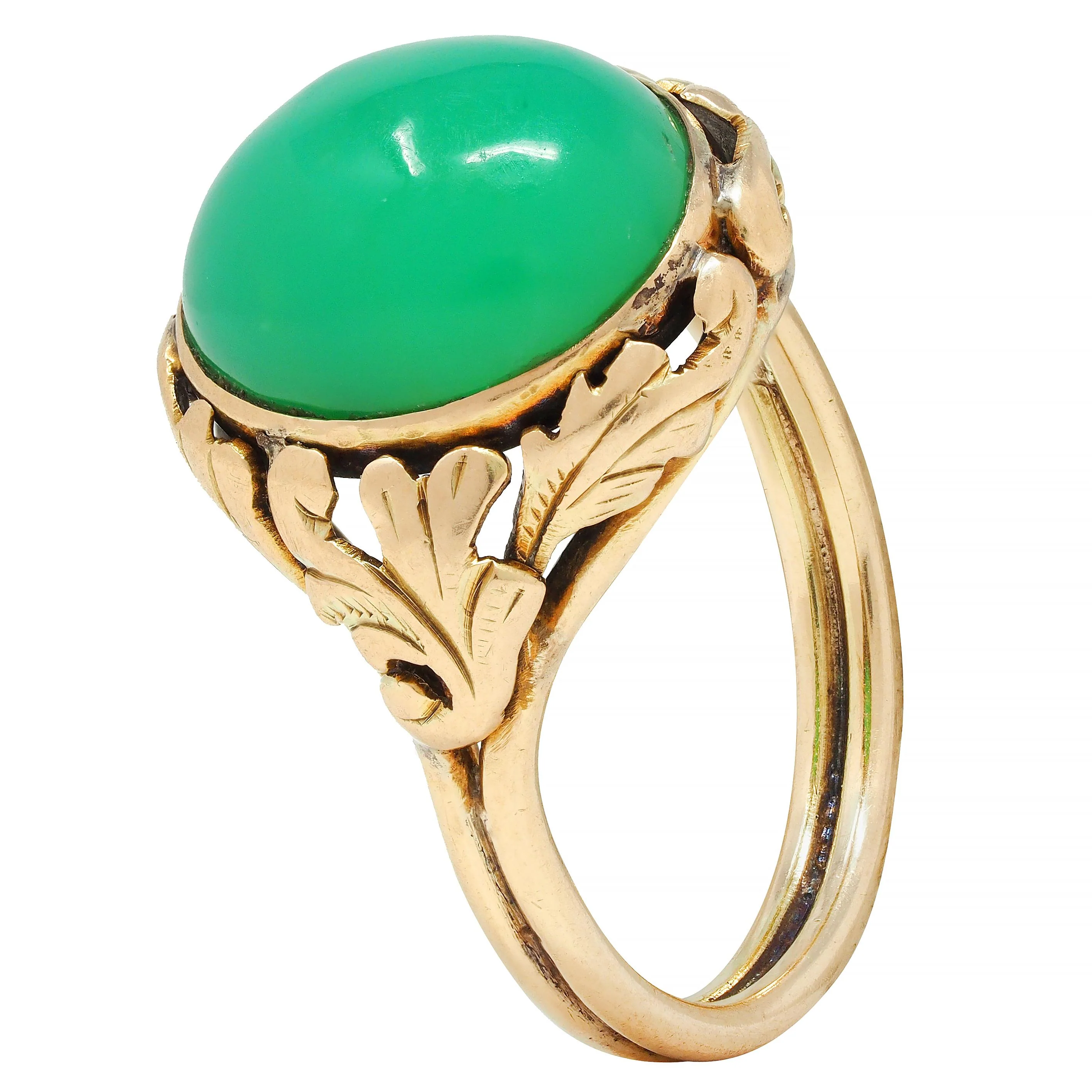 Arts & Crafts Chrysoprase Cabochon 14 Karat Gold Foliate Floral Antique Ring - Image 8