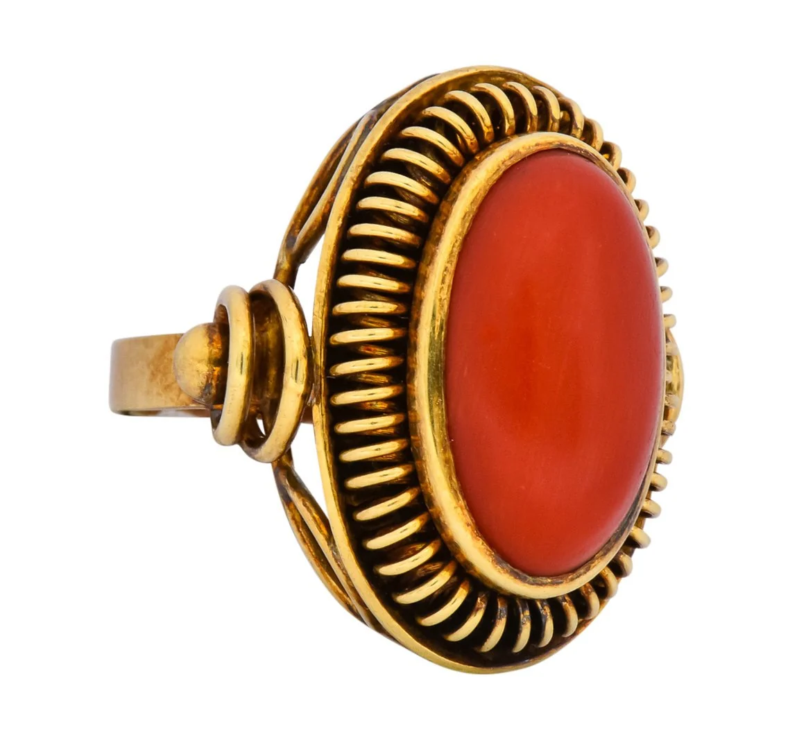 Arts & Crafts Coral Cabochon 14 Karat Gold Statement Ring - Image 2
