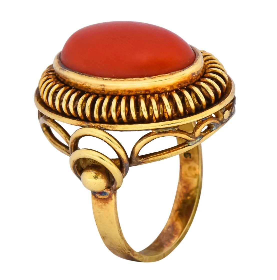Arts & Crafts Coral Cabochon 14 Karat Gold Statement Ring - Image 8