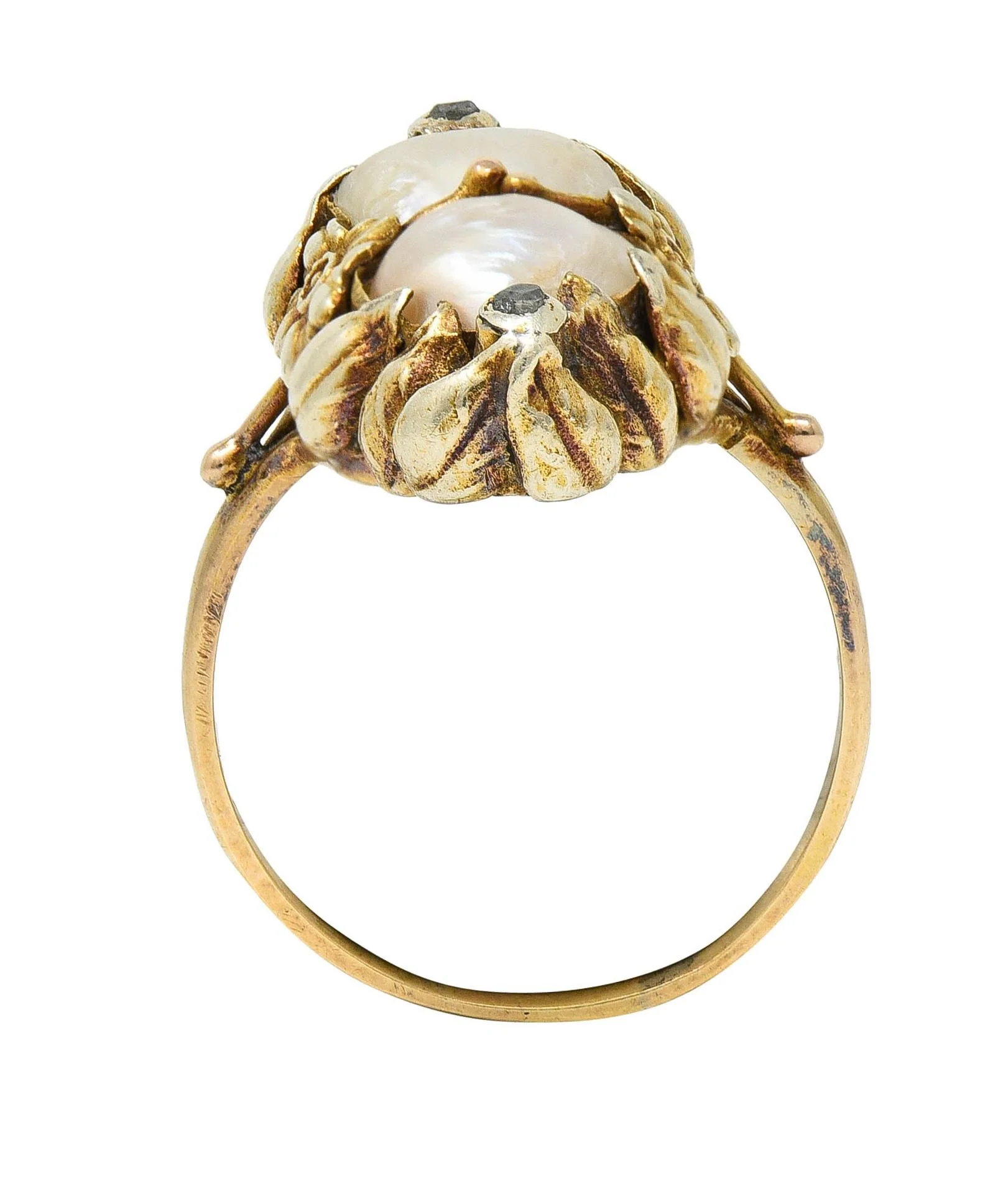 Arts & Crafts Diamond Baroque Pearl 14 Karat Yellow Gold Antique Floral Dinner Ring - Image 10