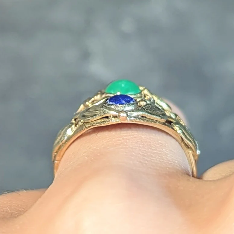 Arts & Crafts Jade Lapis Lazuli 14 Karat Two-Tone Gold Foliate Navette Antique Ring - Image 12