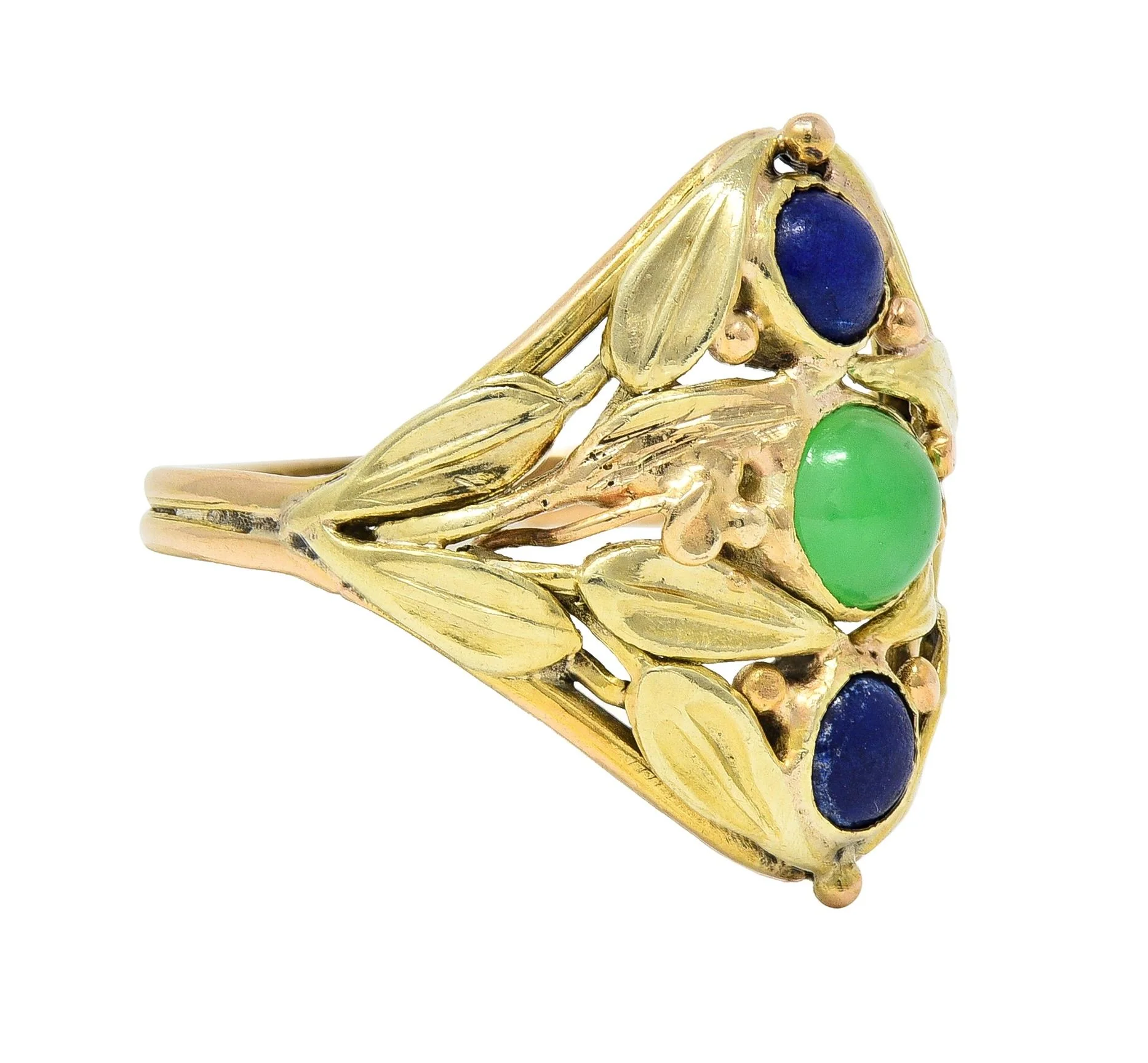 Arts & Crafts Jade Lapis Lazuli 14 Karat Two-Tone Gold Foliate Navette Antique Ring - Image 2