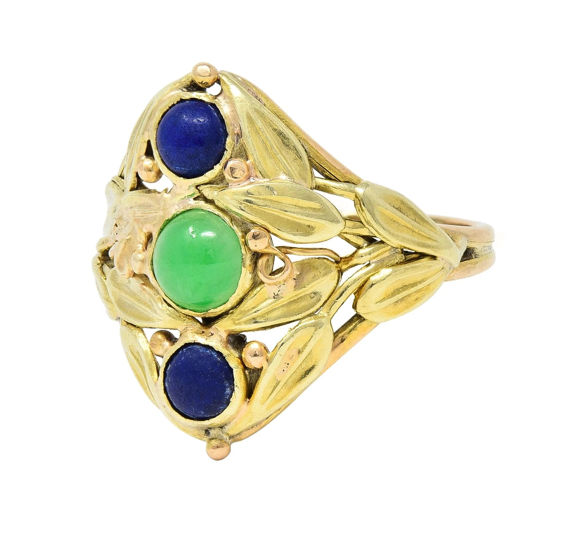 Arts & Crafts Jade Lapis Lazuli 14 Karat Two-Tone Gold Foliate Navette Antique Ring - Image 6