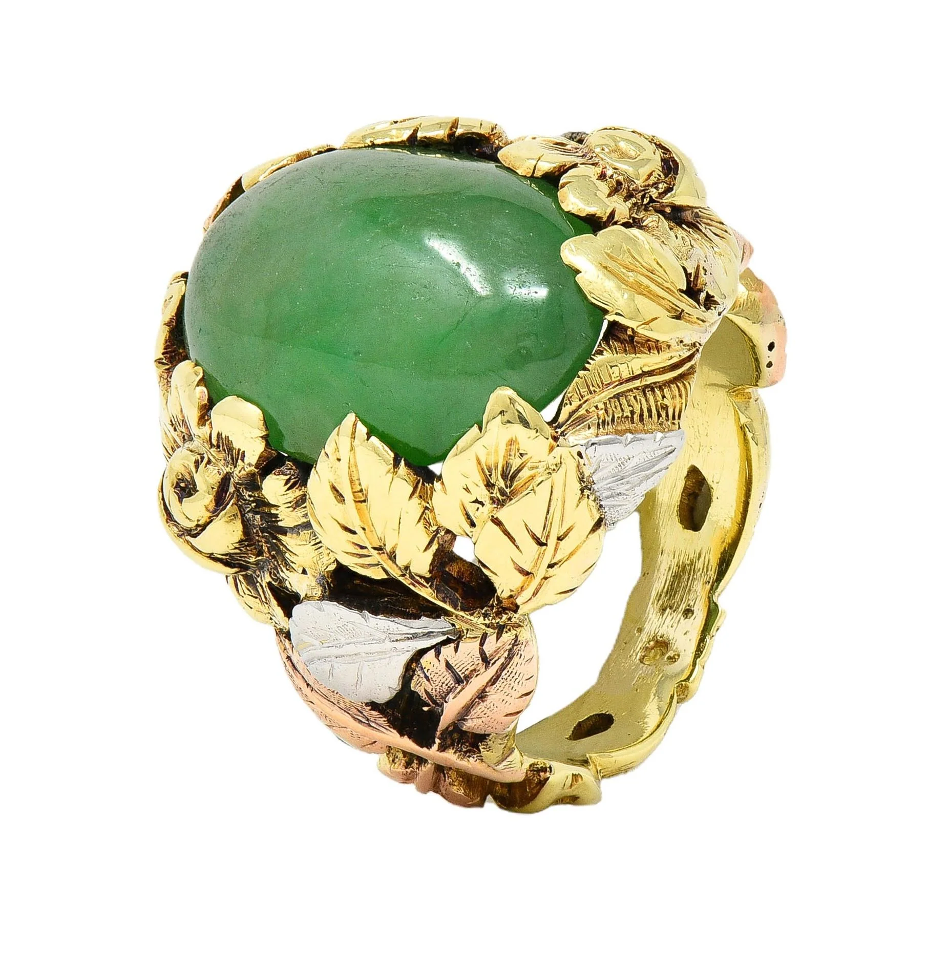 Arts & Crafts Jade Platinum 18 Karat Two-Tone Gold Antique Rose Floral Flower Signet Ring GIA - Image 10