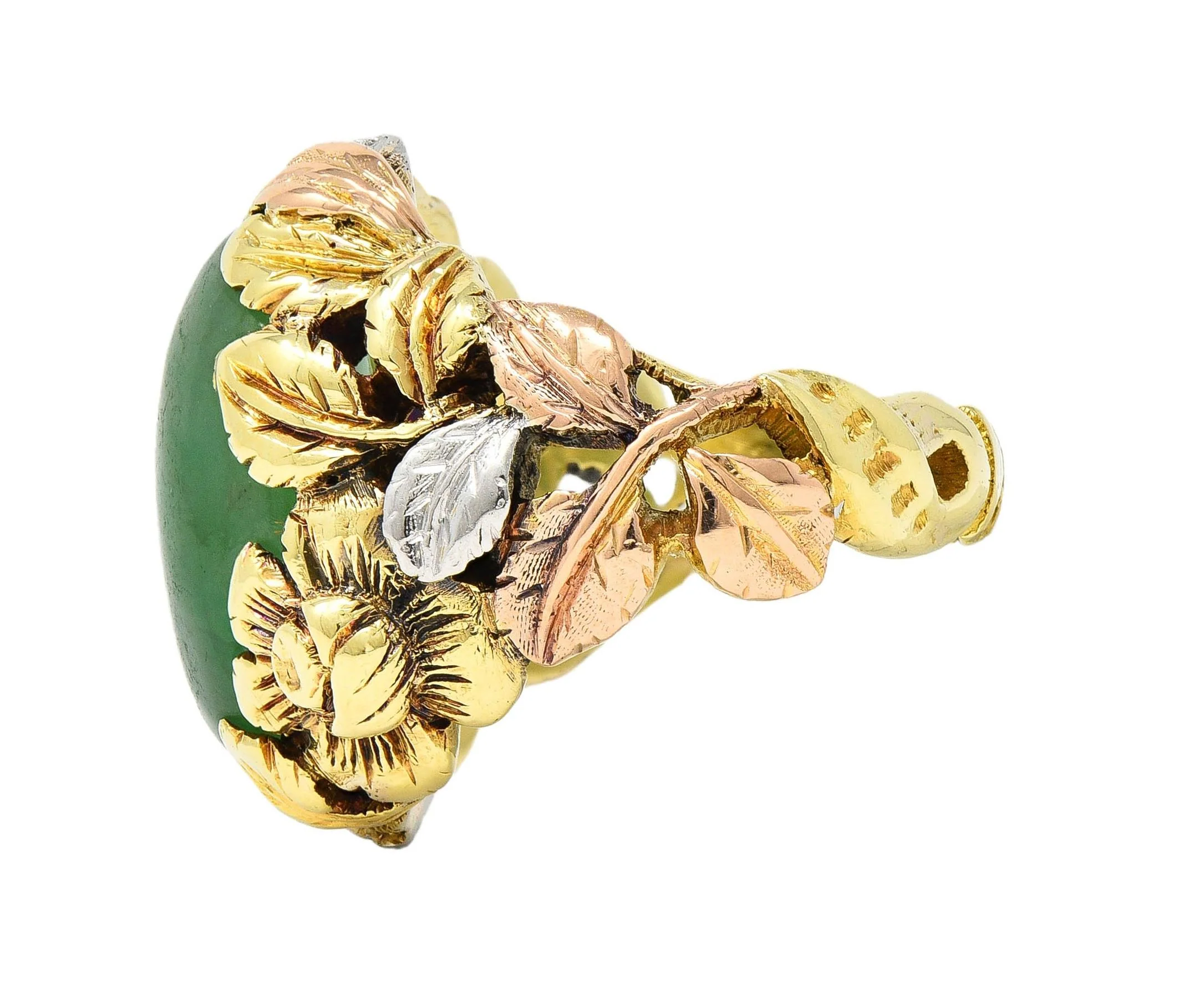 Arts & Crafts Jade Platinum 18 Karat Two-Tone Gold Antique Rose Floral Flower Signet Ring GIA - Image 6