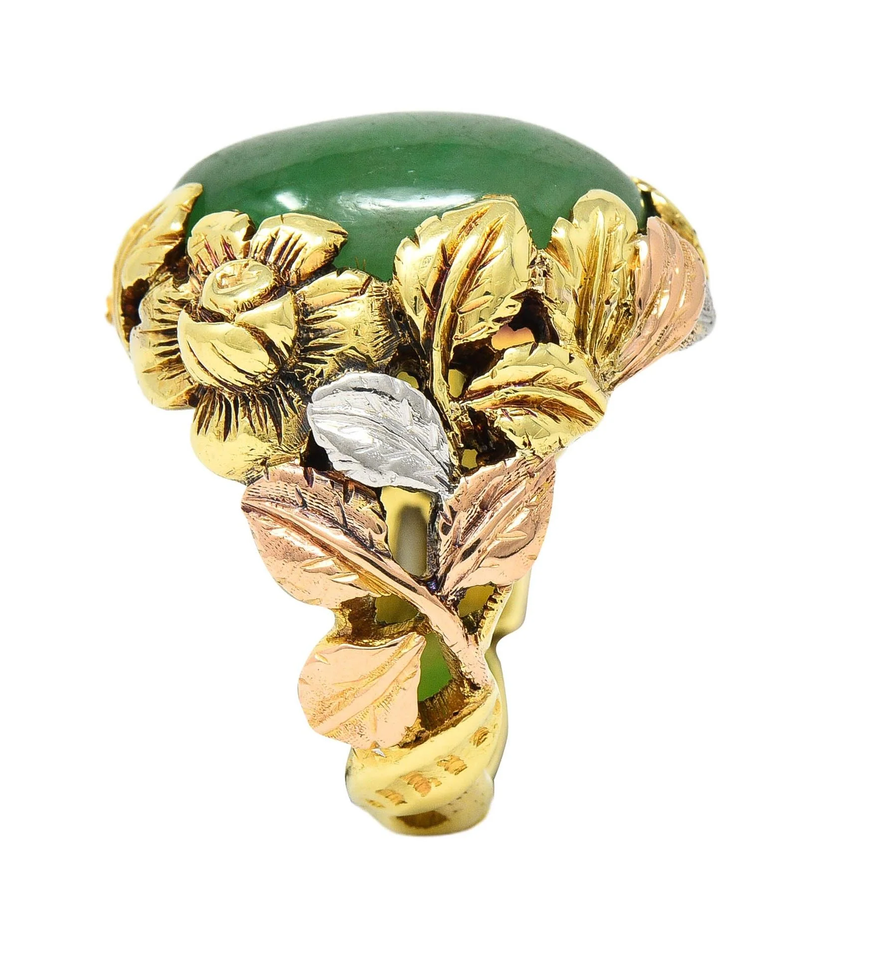 Arts & Crafts Jade Platinum 18 Karat Two-Tone Gold Antique Rose Floral Flower Signet Ring GIA - Image 8