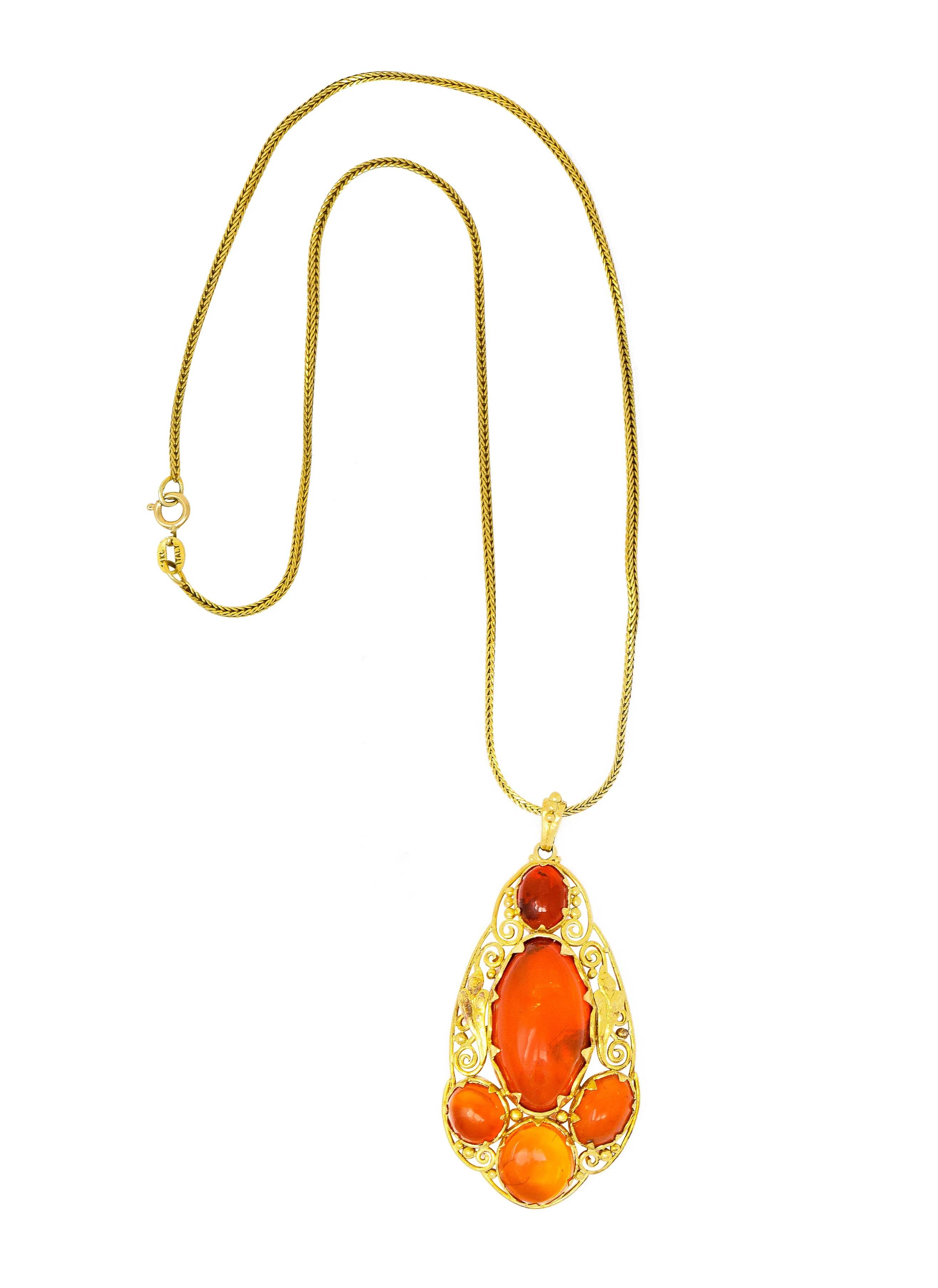 Arts & Crafts Mexican Fire Opal Cabochon 18 Karat Gold Pendant Necklace - Image 2