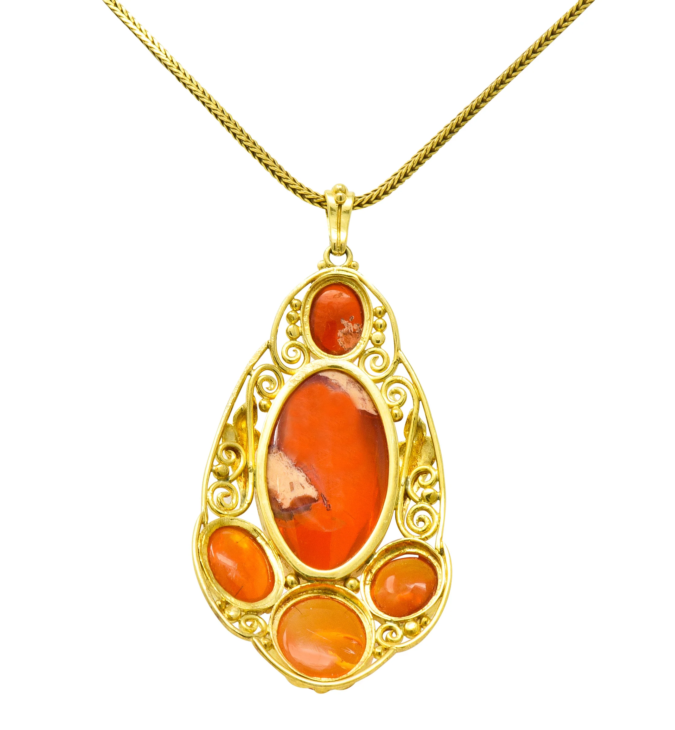 Arts & Crafts Mexican Fire Opal Cabochon 18 Karat Gold Pendant Necklace - Image 8