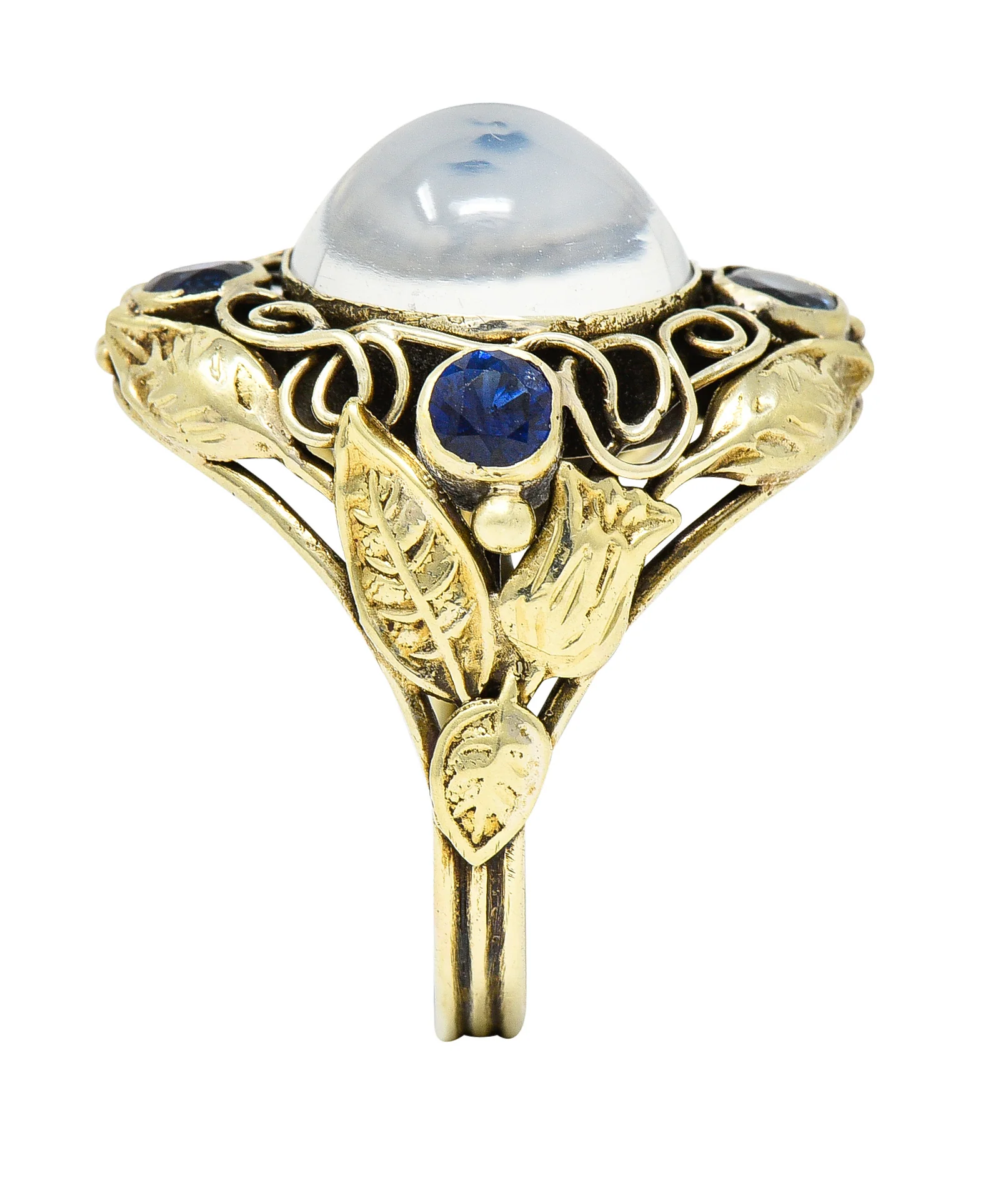 Arts & Crafts Moonstone 1.00 CTW Sapphire 14 Karat Green Gold Floral Ring - Image 10