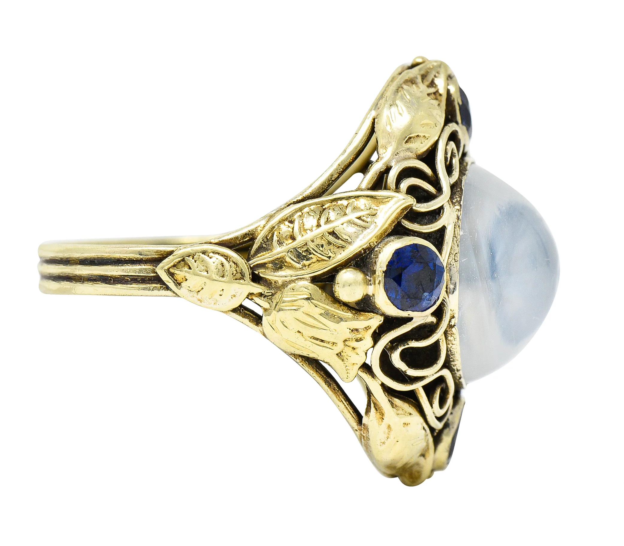 Arts & Crafts Moonstone 1.00 CTW Sapphire 14 Karat Green Gold Floral Ring - Image 3